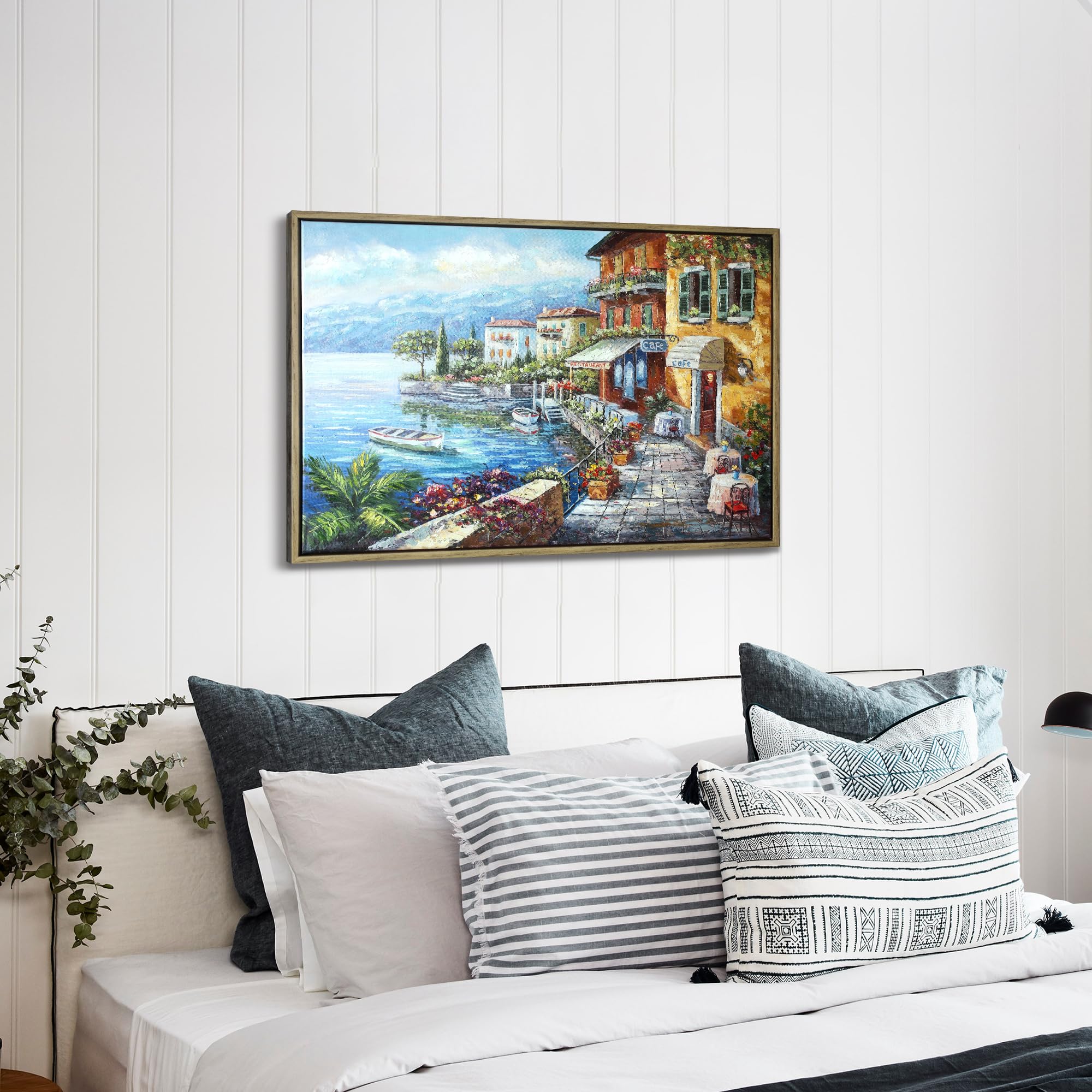 Hand Painted Coastal City Canvas Oil Painting - Textured Wall Art for Living Room, Bedroom & Office Decor - Framed Landscape Artwork (36'' x 24'' x 1 Panel) - Perfect for Beach House, Modern Home & Office Wall Decor