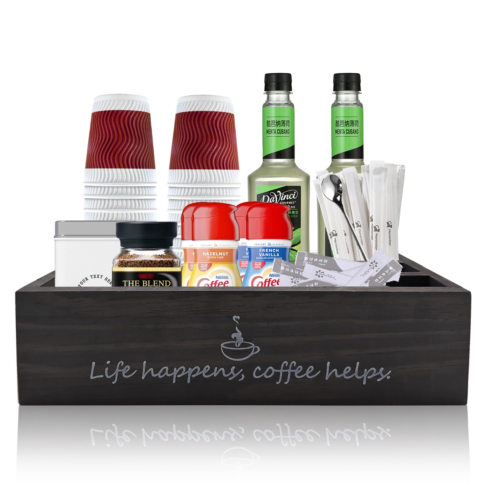 Farmhouse Coffee Station Organizer - Rustic Countertop Decor with K-Cup Pod Holder, Creamer & Paper Cup Storage - Perfect for Kitchen, Office, or Coffee Bar (Black)