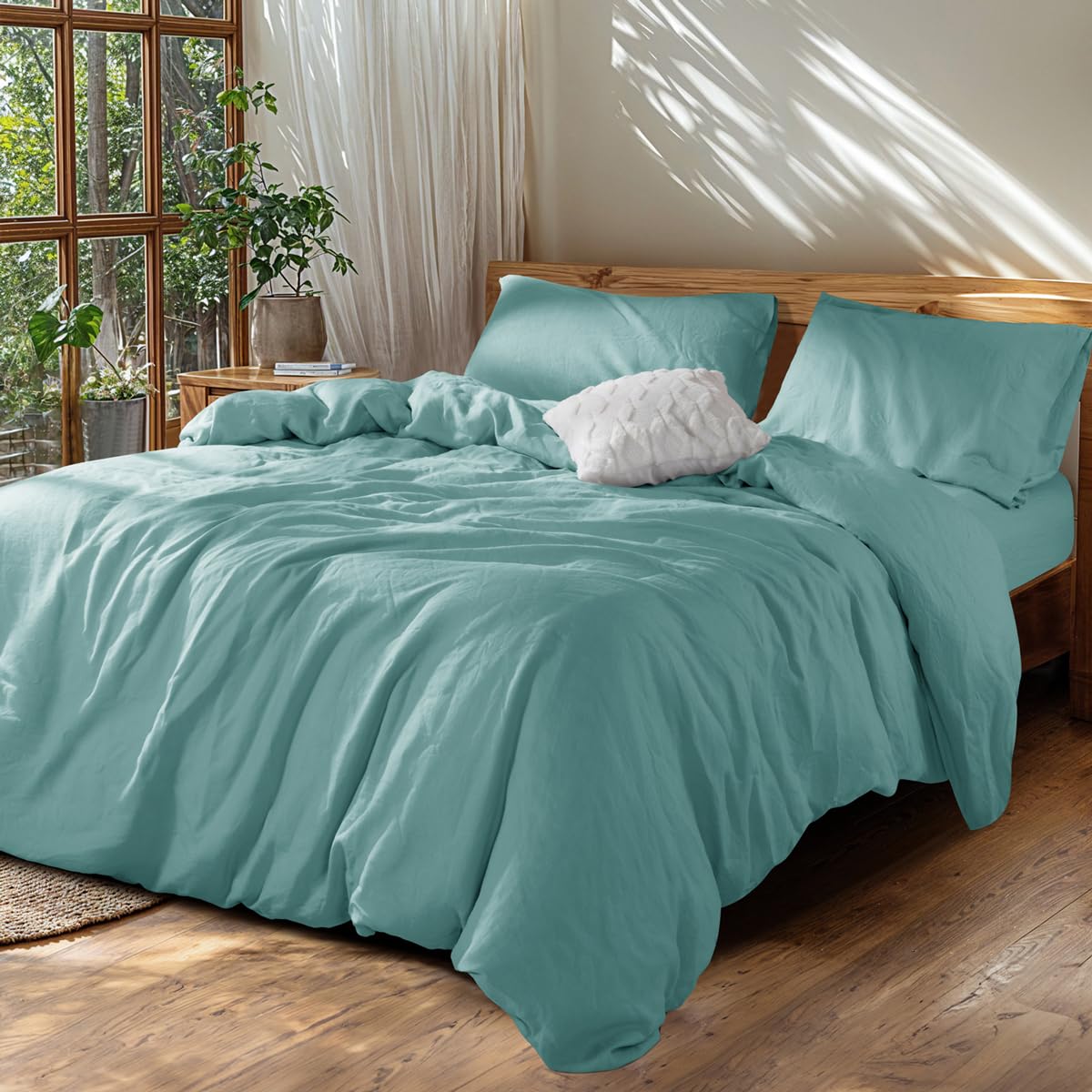 SONORO KATE 100% French Linen Duvet Cover Set - King Size Natural Soft Breathable Cooling Bedding for Hot Sleepers | 3-Piece Duvet Cover with Zipper Closure & Corner Ties | Premium Durable Linen Bedding for All Seasons (Aqua, King) - Perfect for Summer Nights & Luxury Bedroom Decor