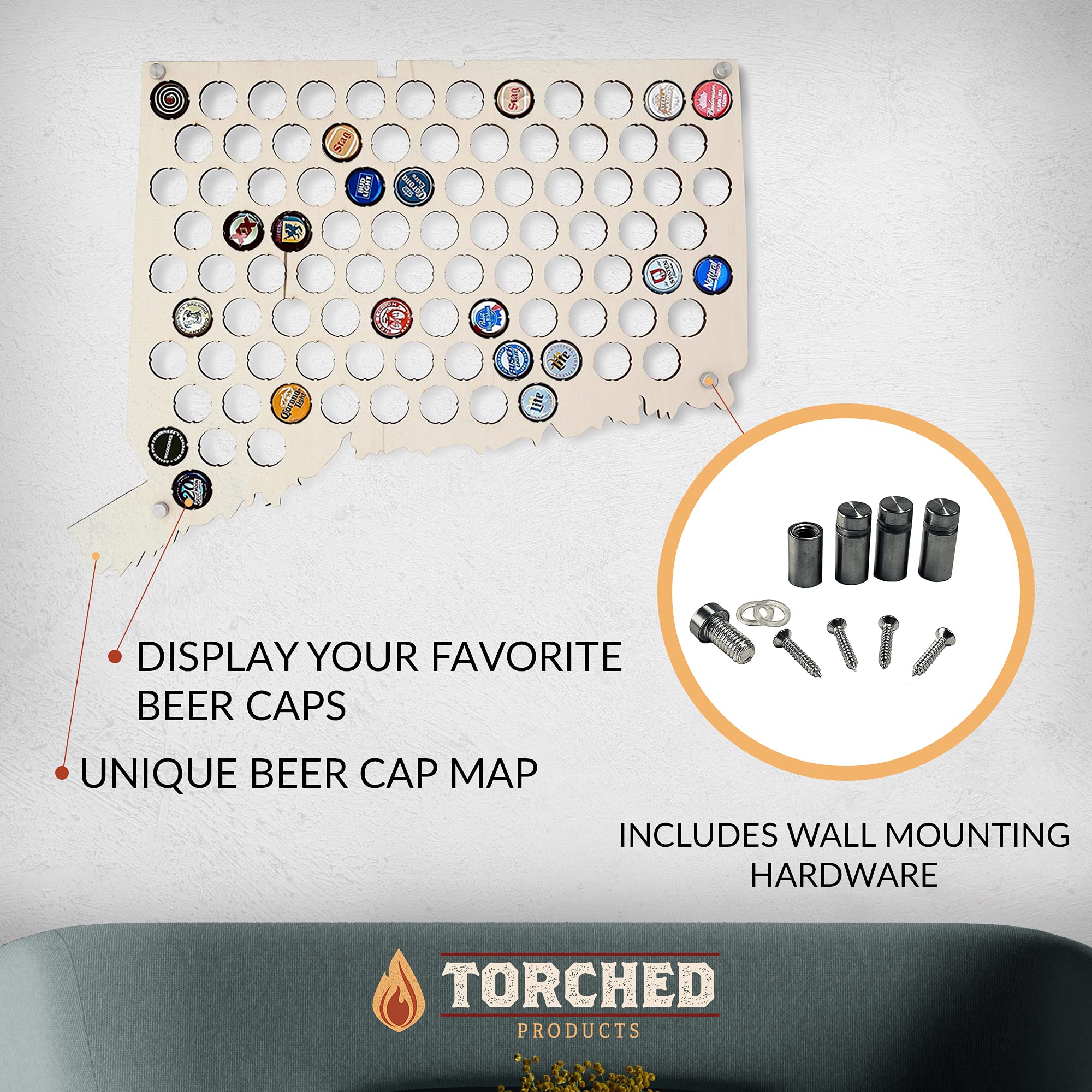Torched Beer Cap Map - Connecticut USA Beer Cap Holder Wall Decor | Unique Beer Lover Gift for Men | Man Cave & Bar Decor | Perfect for Home Bars, Basement Decor & Beer Enthusiast Collections
