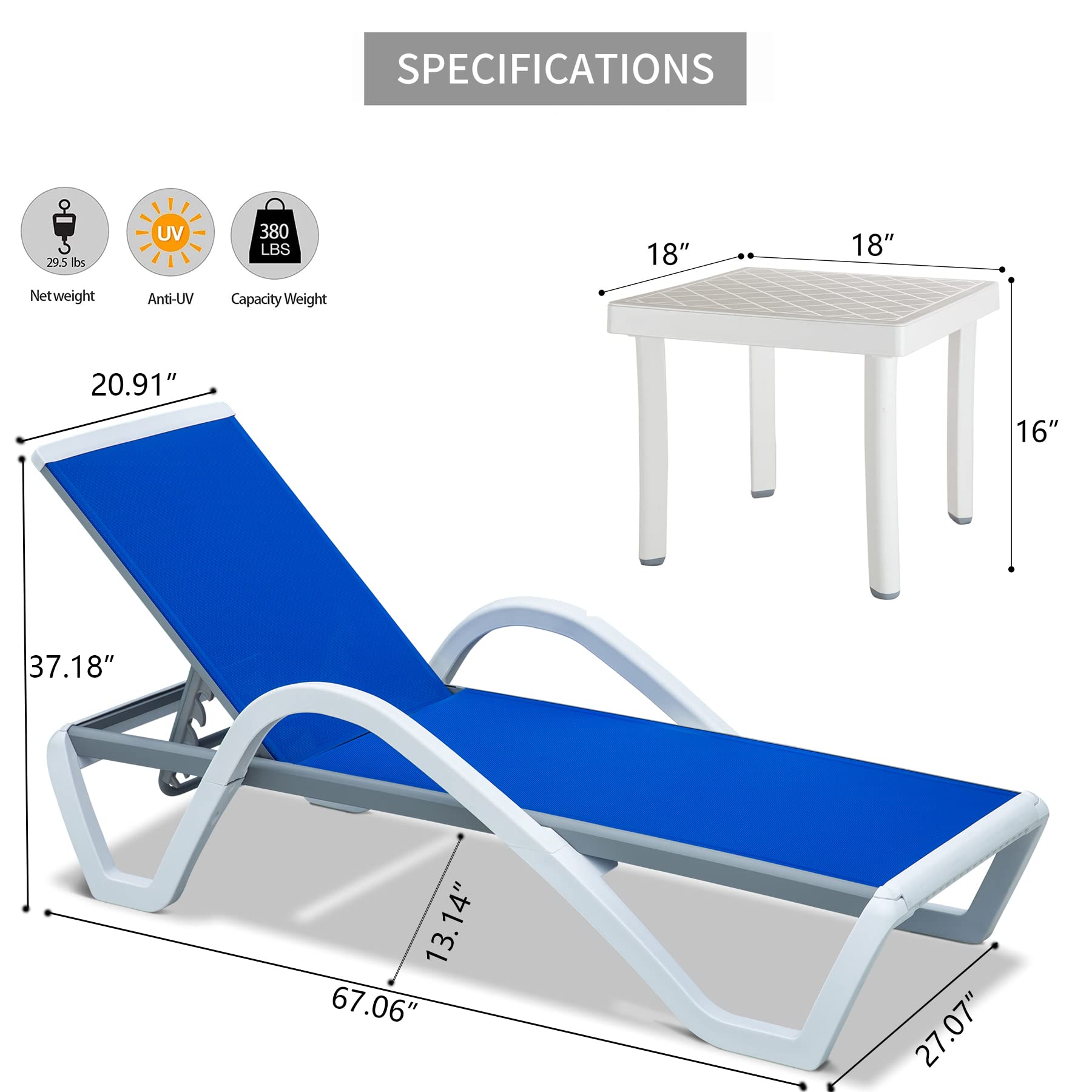 Domi Adjustable Aluminum Pool Lounge Chair - All-Weather Outdoor Chaise Lounge with Armrest for Patio, Poolside, Lawn & In-Pool Use - Includes Side Table (Blue) - Perfect for Sunbathing, Relaxing & Backyard Lounging