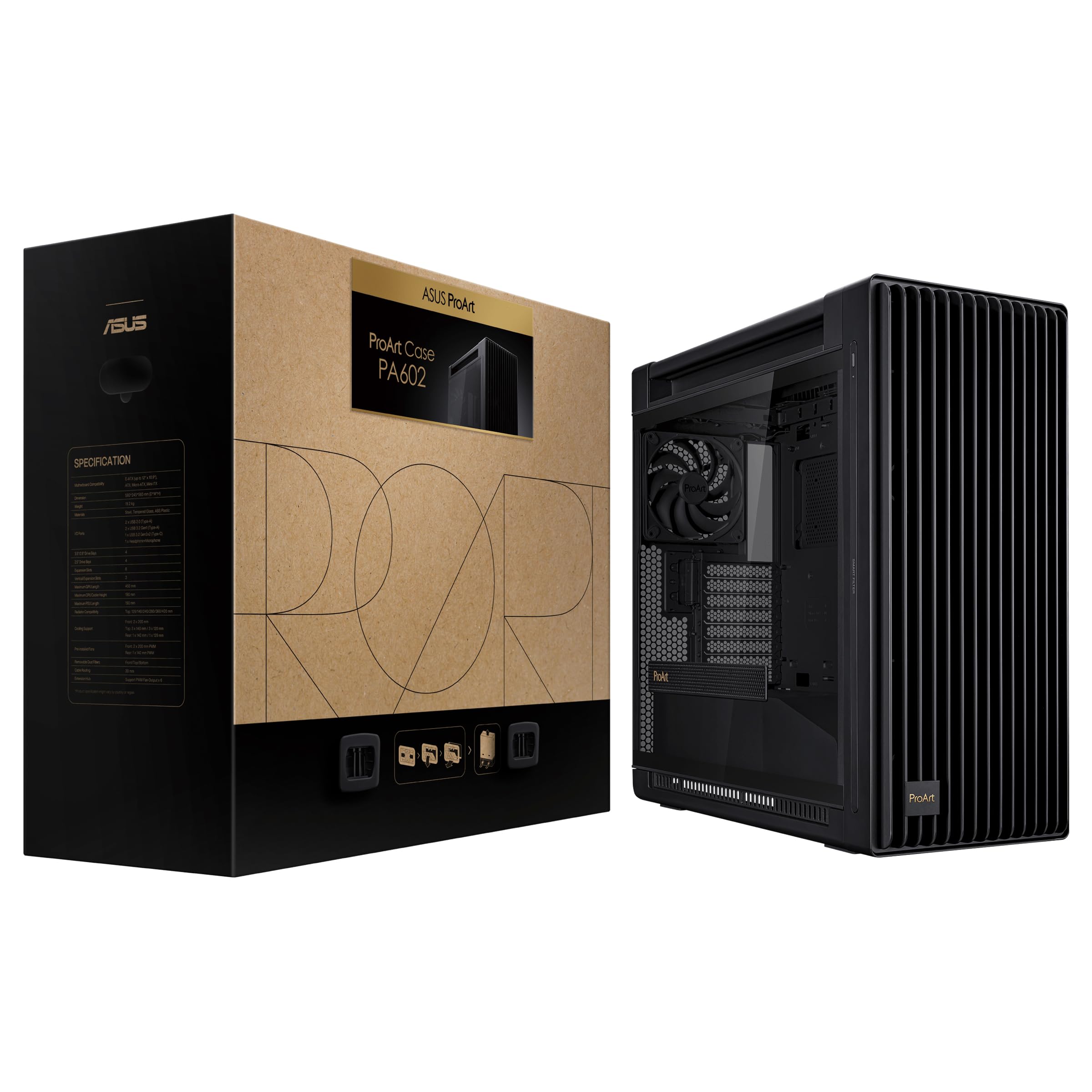 ASUS ProArt PA602 E-ATX PC Case - Supports 420mm Radiator, Includes 1x140mm & 2x200mm Fans, Front IR Dust Indicator, Tool-Free PCIe Mounting - Ideal for High-End Gaming & Professional Workstations