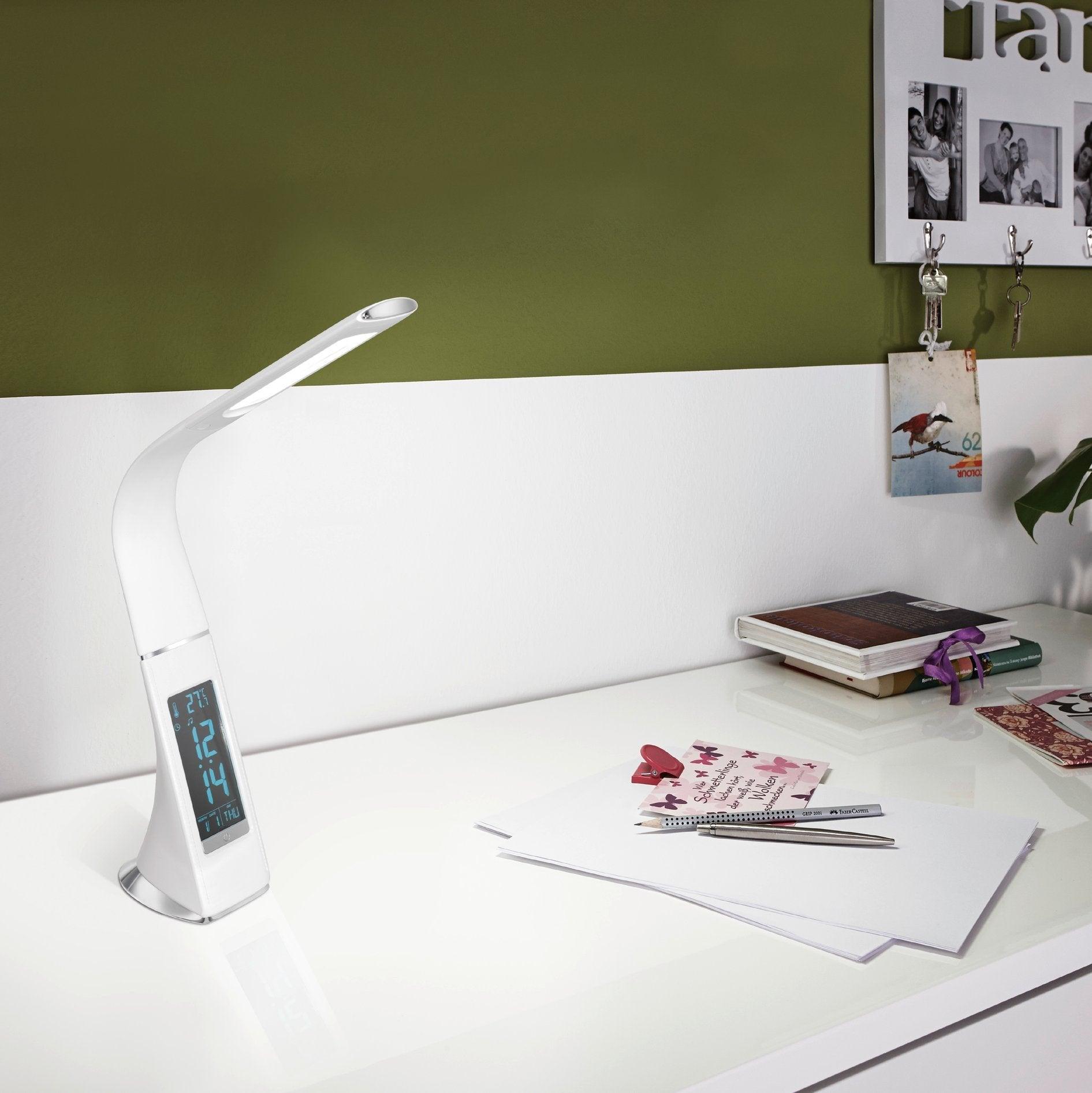 Eglo Cognoli White LED Desk Lamp with Time & Date Display - Perfect for Home Office, Study, and Reading