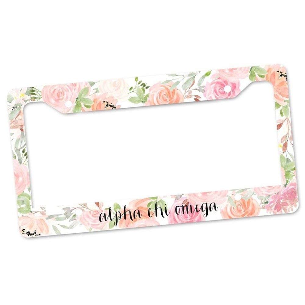 Alpha Chi Omega Floral License Plate Frame - Elegant Car Accessory for Sorority Sisters, Perfect for Gifts & Greek Life Events