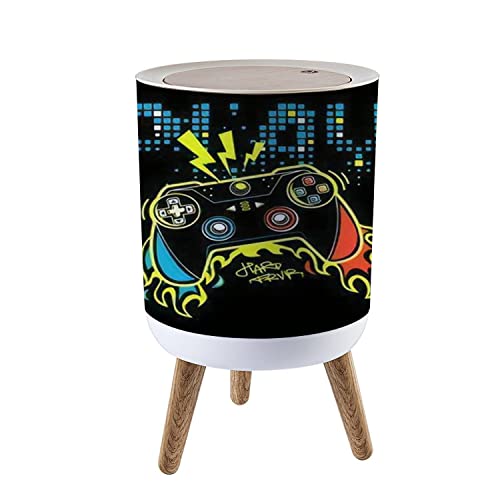 CAKOJV188 7L/1.8 Gallon Gamer-Themed Trash Can with Press Top Lid - Wooden Legs, Dog-Proof Design for Kitchen, Bathroom & Outdoor Use - Perfect for Gaming Rooms & Boys' Bedrooms
