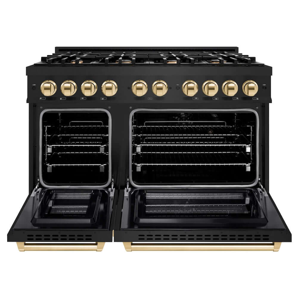 ZLINE Autograph Edition 48-Inch 6.7 cu. ft. Dual Fuel Range with 8-Burner Gas Cooktop - Black Stainless Steel & Polished Gold Accents | Professional Kitchen Appliance for Home Chefs & Entertaining