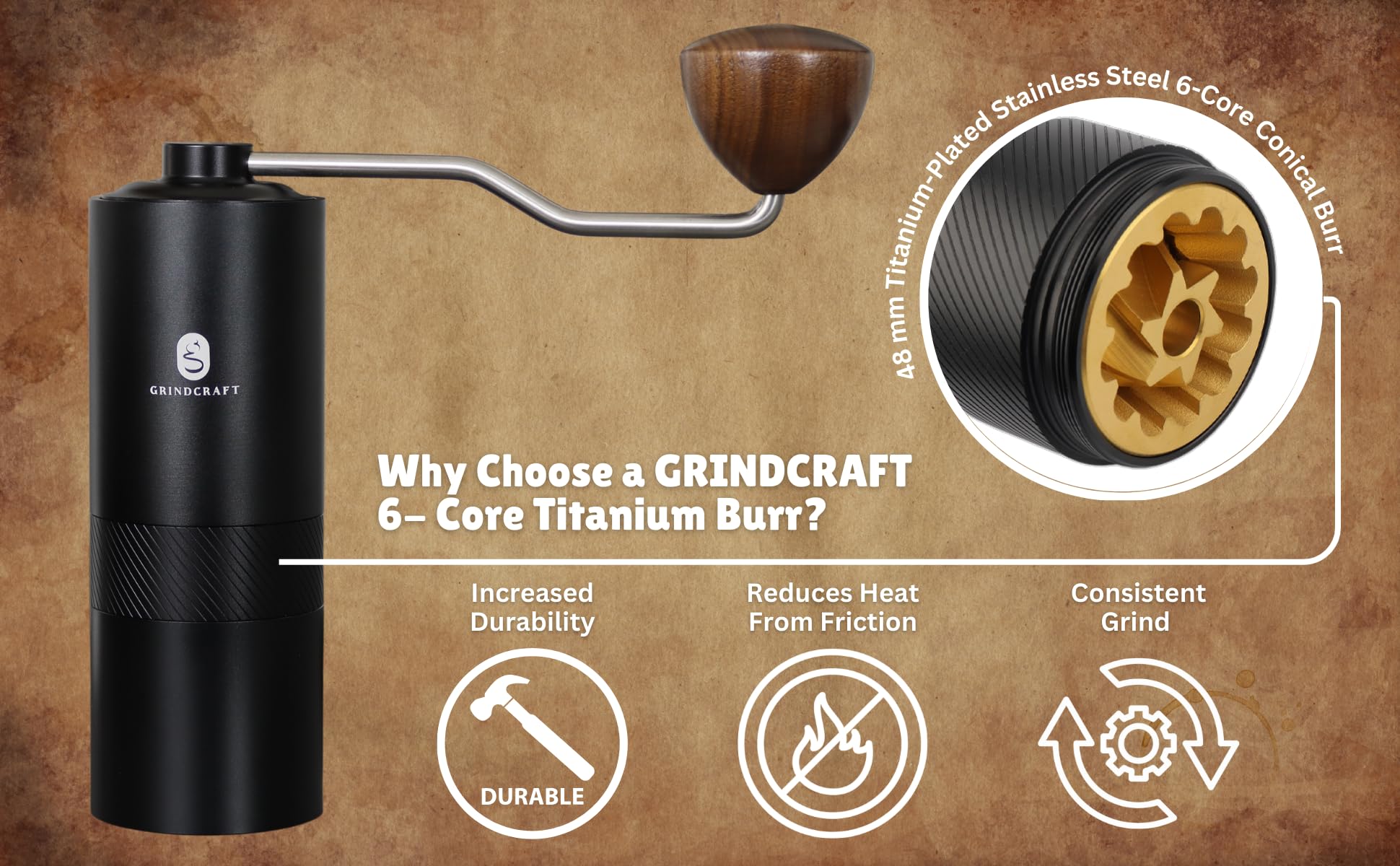 Premium Manual Coffee Grinder with Titanium-Plated Stainless Steel Burr - Adjustable Coarse to Fine Grind for Espresso, French Press, Moka Pot & Pour Over - 40g Large Capacity - Perfect for Home, Office & Travel by GRINDCRAFT