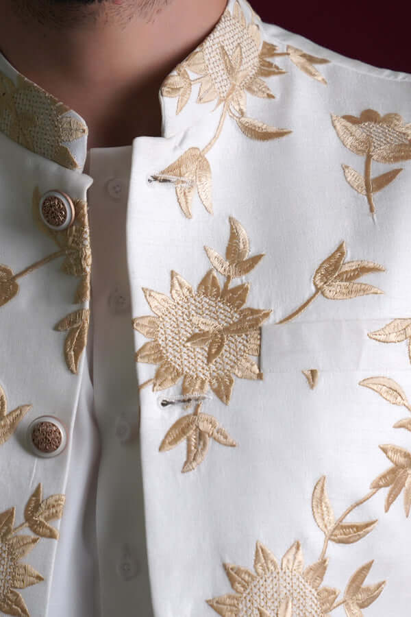 Elegant Ghalib Off White & Gold Embroidered Waistcoat Set for Men | Premium Formal Vest with Intricate Embroidery | Perfect for Weddings, Parties & Special Occasions
