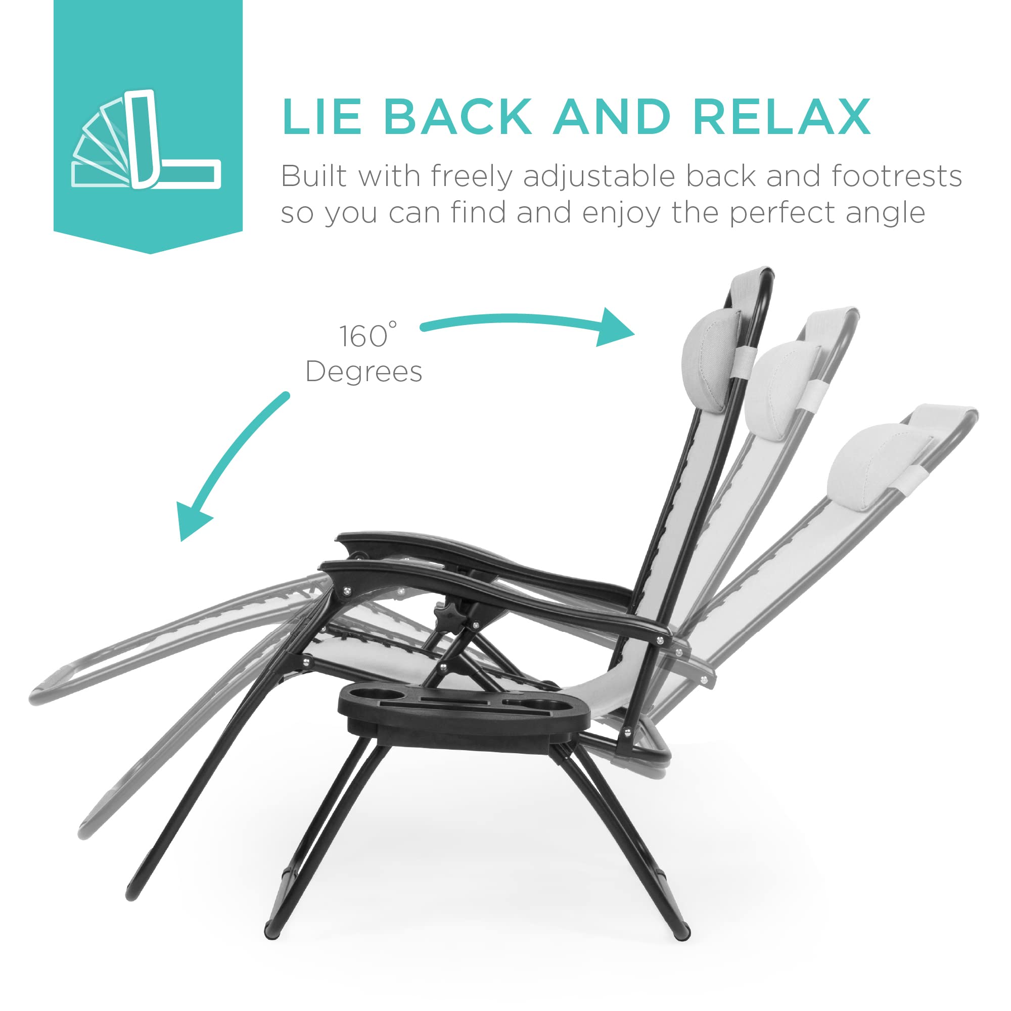 Best Choice Products Set of 2 Adjustable Steel Mesh Zero Gravity Lounge Chair Recliners with Pillows and Cup Holder Trays - Ice Gray | Patio, Poolside & Backyard Relaxation Outdoor Furniture