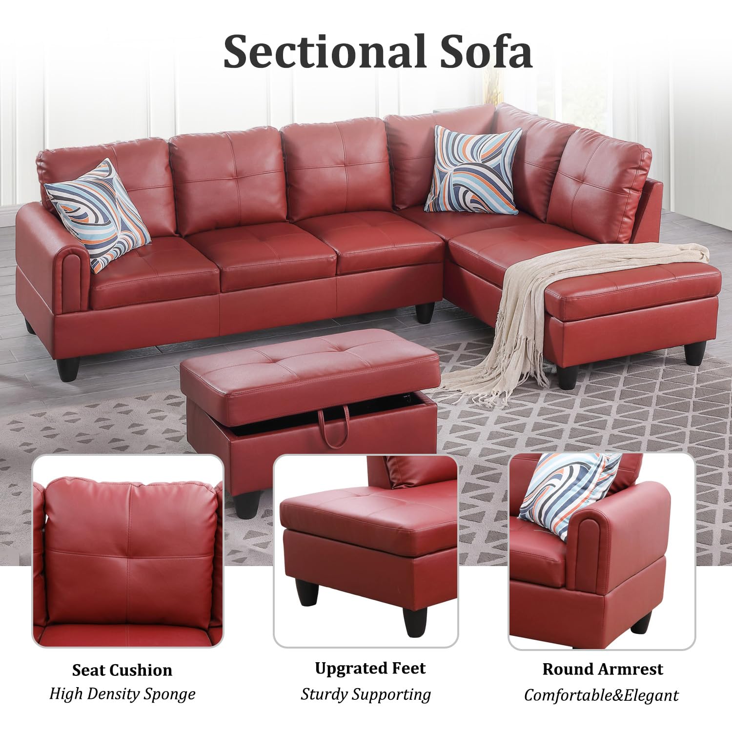 Modern L-Shaped Faux Leather Sectional Sofa Set with Ottoman - Right Hand Facing Red Living Room Couch for Small Spaces | Perfect for Apartments, Home Theater & Family Gatherings