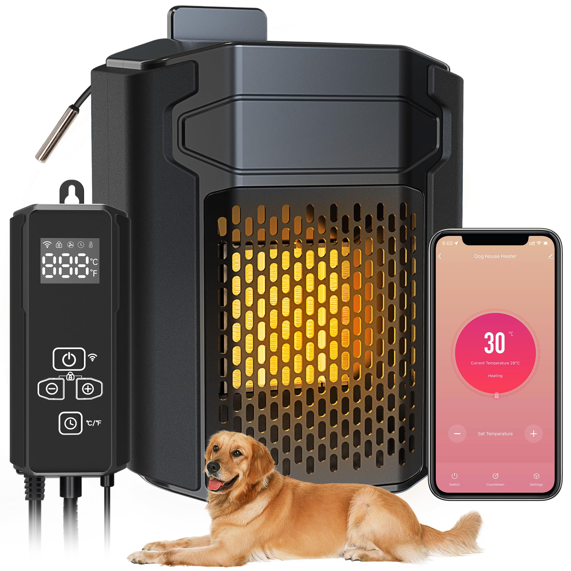 500W WiFi Dog House Heater with Thermostat & App Control - 6.5FT Temperature Probe - Outdoor Pet Heater for Dogs & Chicken Coops - Perfect for Winter Kennels, Garages & Barns