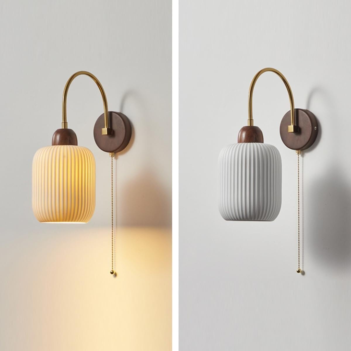 Farmhouse Ceramic Wall Sconce with Wooden Base & Pull Cord Switch - E27 Base Wall Mounted Reading Light for Living Room, Kitchen, Restaurant, Loft - Perfect for Cozy Corners & Ambient Lighting