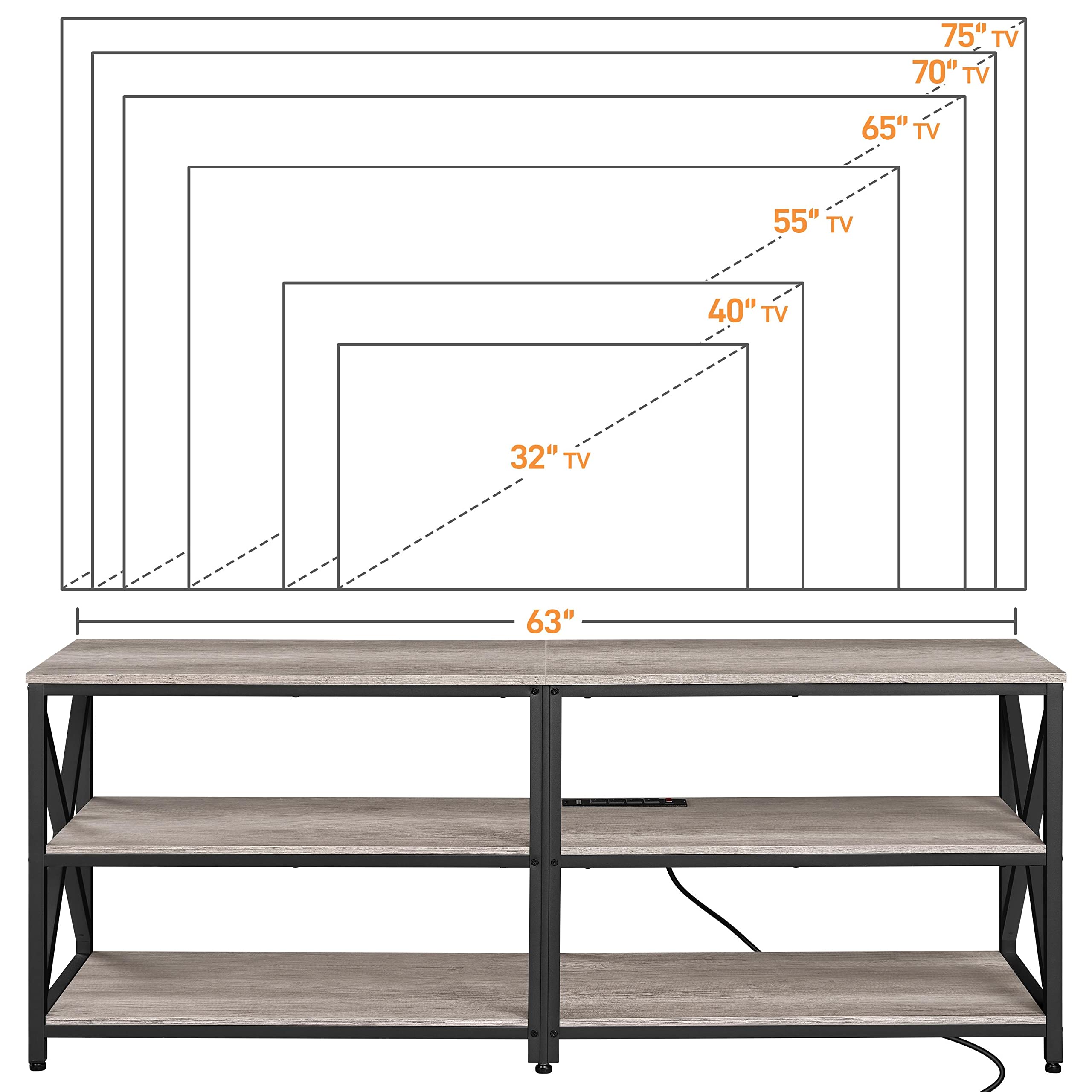 Yaheetech 70 Inch TV Stand with Power Outlet & Charging Station - 3-Tier Entertainment Center with Storage Cabinet for Living Room, Bedroom & Home Theater - Modern Gray TV Console for Smart TVs & Media Devices