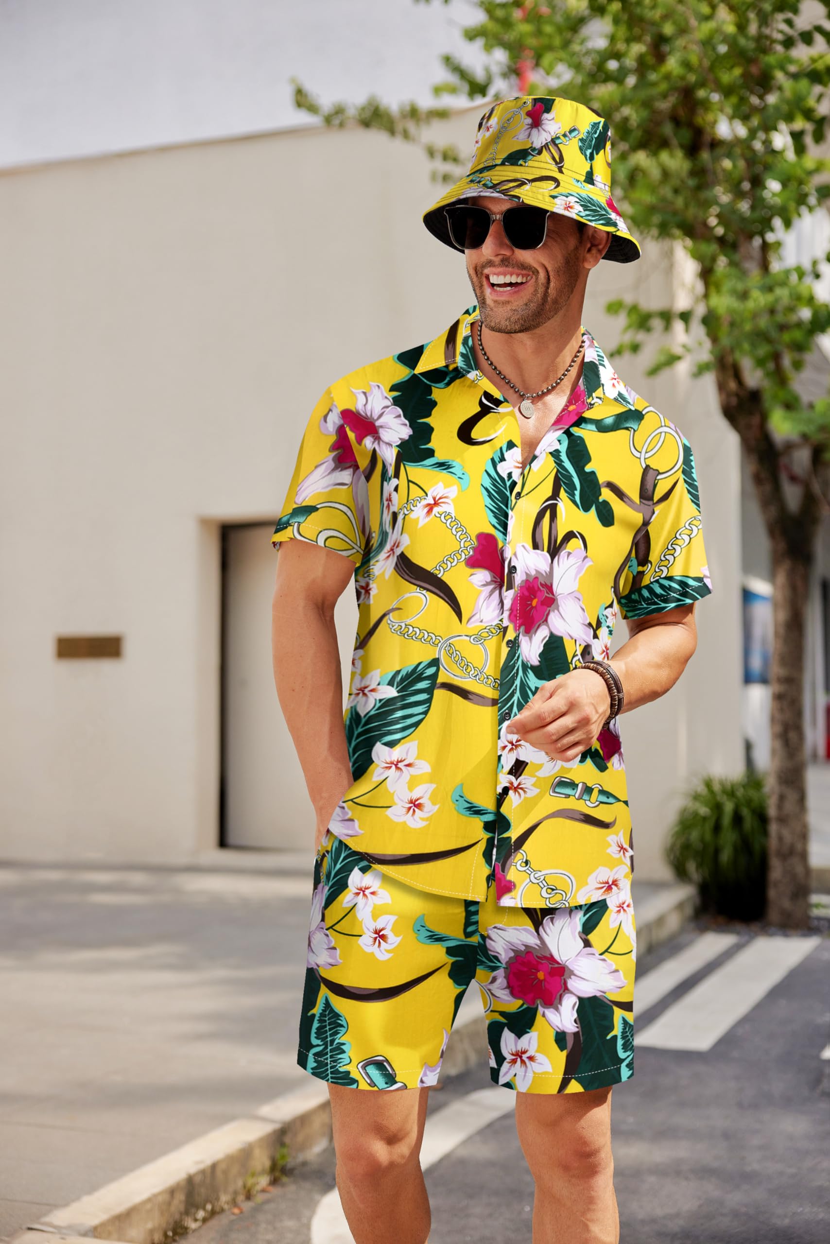 COOFANDY Men's Hawaiian Shirt and Shorts Set - Tropical Floral Print 2-Piece Beach Outfit with Bucket Hat | Summer Vacation, Pool Party & Casual Wear