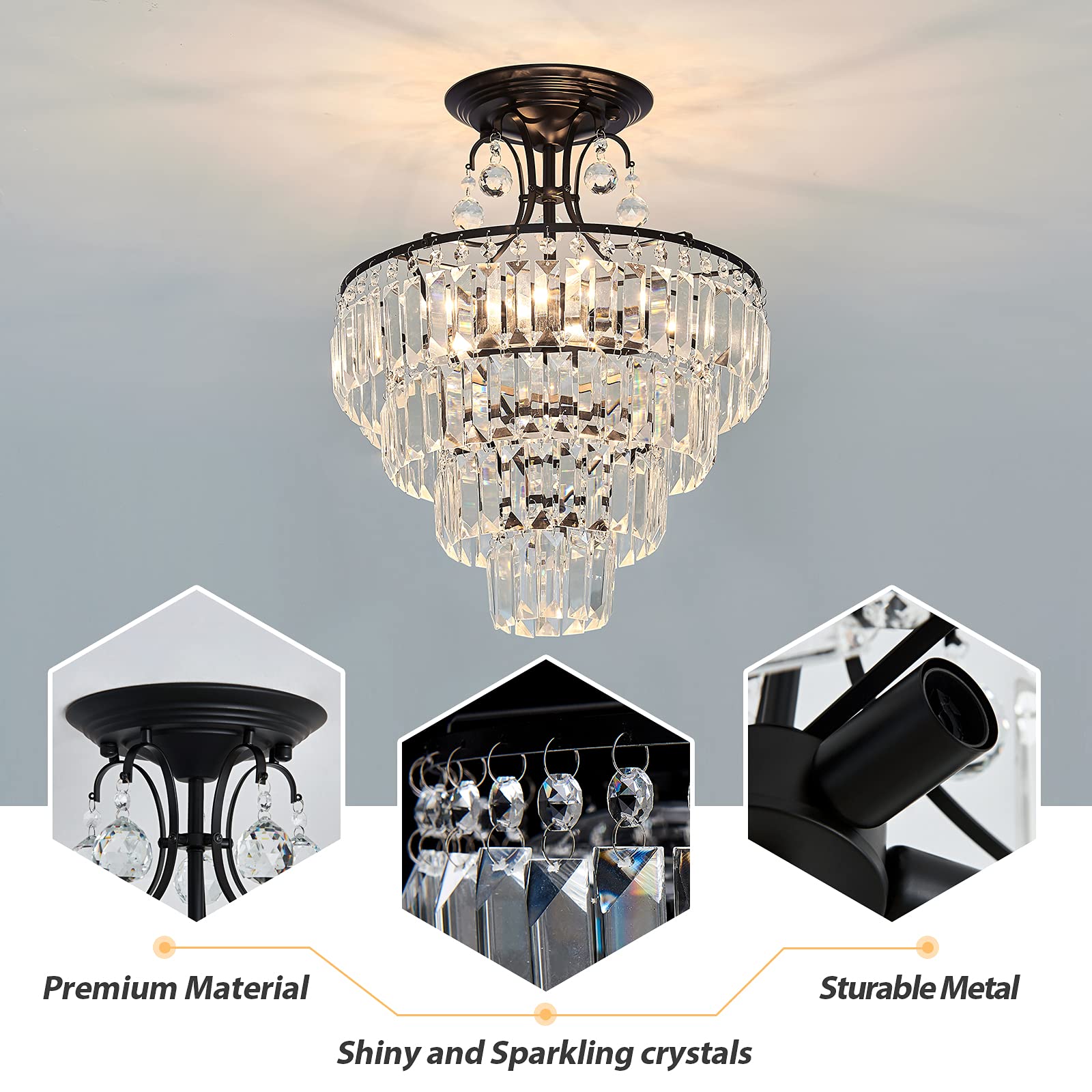 Antique Modern Black Crystal Round Chandelier - 5-Light Semi Flush Mount Ceiling Light Fixture for Living Room, Dining Room, Bedroom, Entryway, Foyer & Bathroom - E12 Base - Elegant Home & Office Lighting Decor
