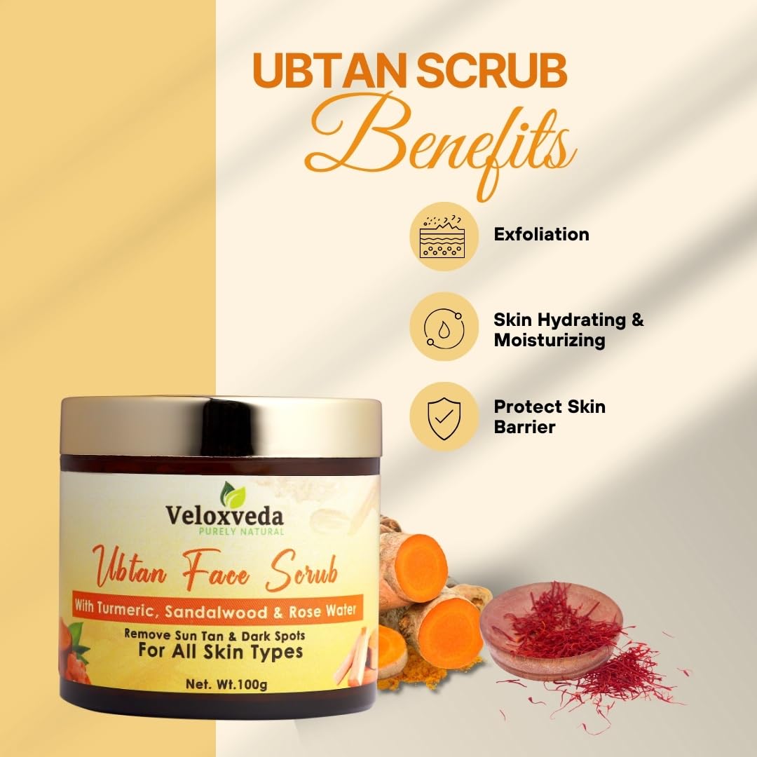 VeloxVeda Ubtan Face & Body Scrub for Women & Men | Natural Turmeric & Sandalwood Exfoliator | Brightening Scrub for Blackheads, Tan Removal & Glowing Skin | Cruelty-Free, Paraben-Free, SLES-Free (100g) | Perfect for Daily Skincare Routine & Spa Treatments