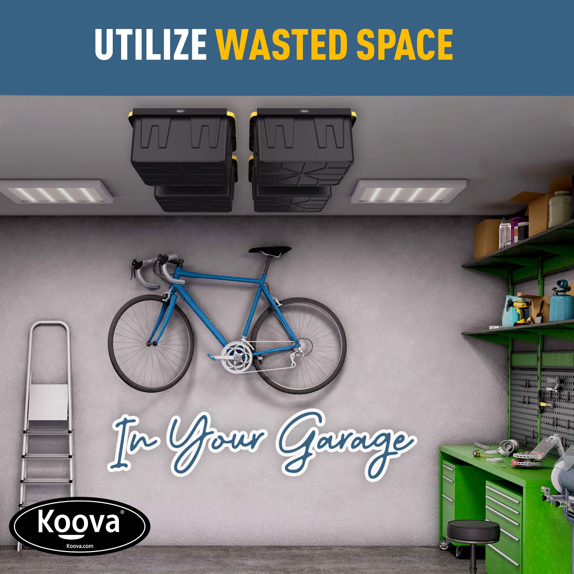 Koova Overhead Garage Storage Rack - Adjustable Ceiling Mount Organizer for 4 Black/Yellow Bins | Heavy Duty Shelving Solution for Garage, Basement & Attic Organization | Space Saving Home Storage System