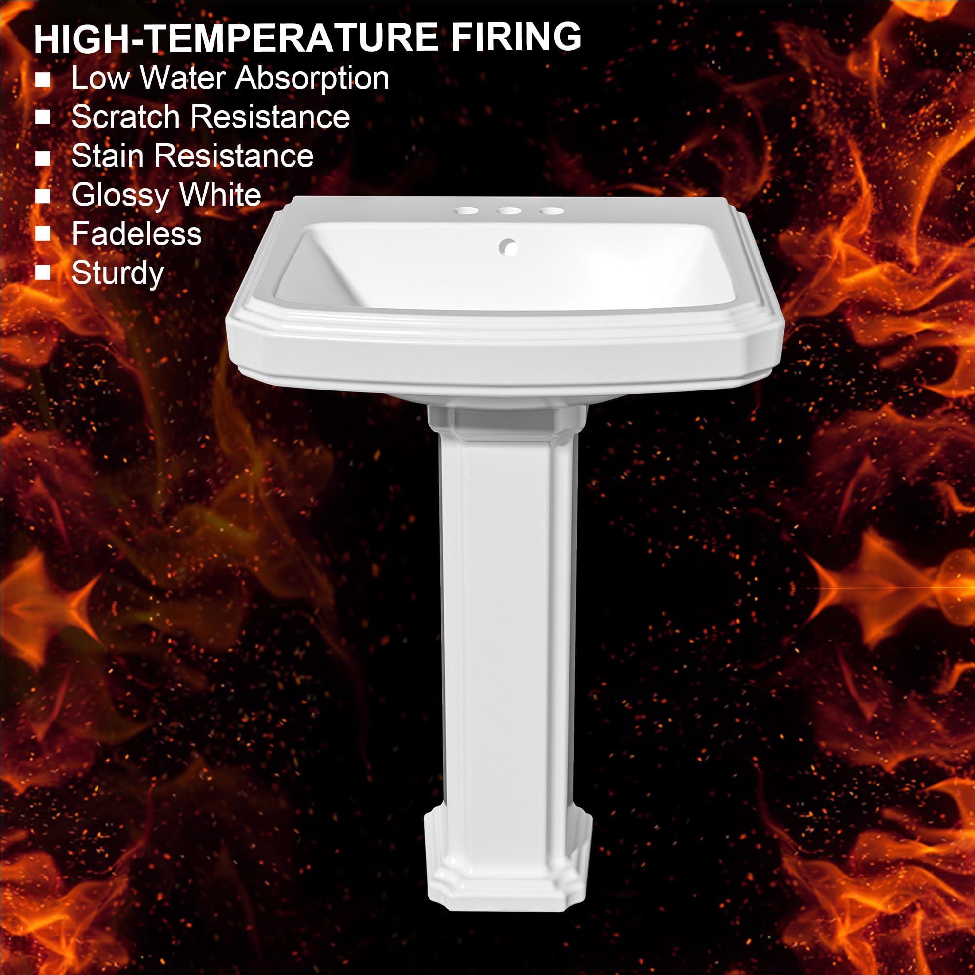 White Porcelain Pedestal Sink 23x19 Inch with 3 Faucet Holes & Overflow - Rectangular Bathroom Sink Combo for Vanity, Powder Room & Laundry Areas