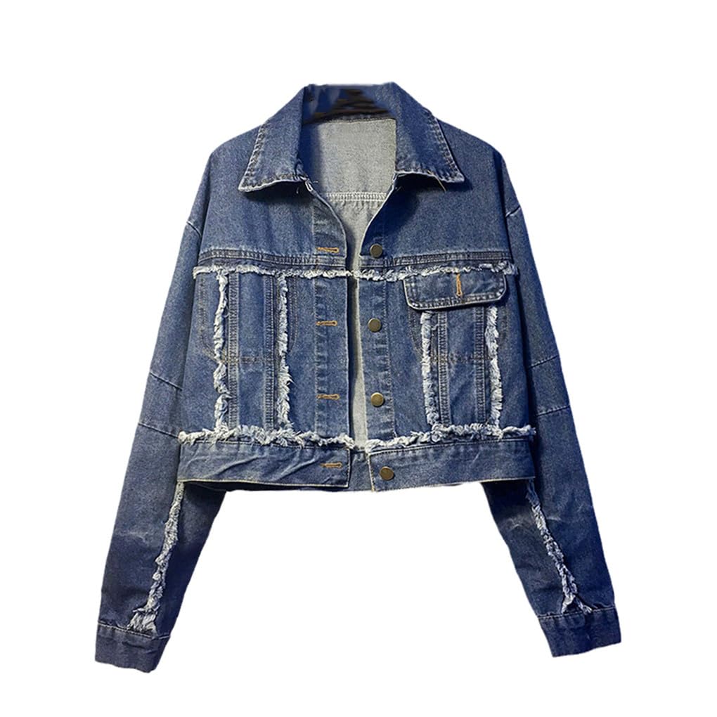 Women's Denim Jacket - Blue Distressed Boyfriend Style Long Sleeve Jean Coat for Fall | Casual Streetwear, Layering & Outdoor Activities