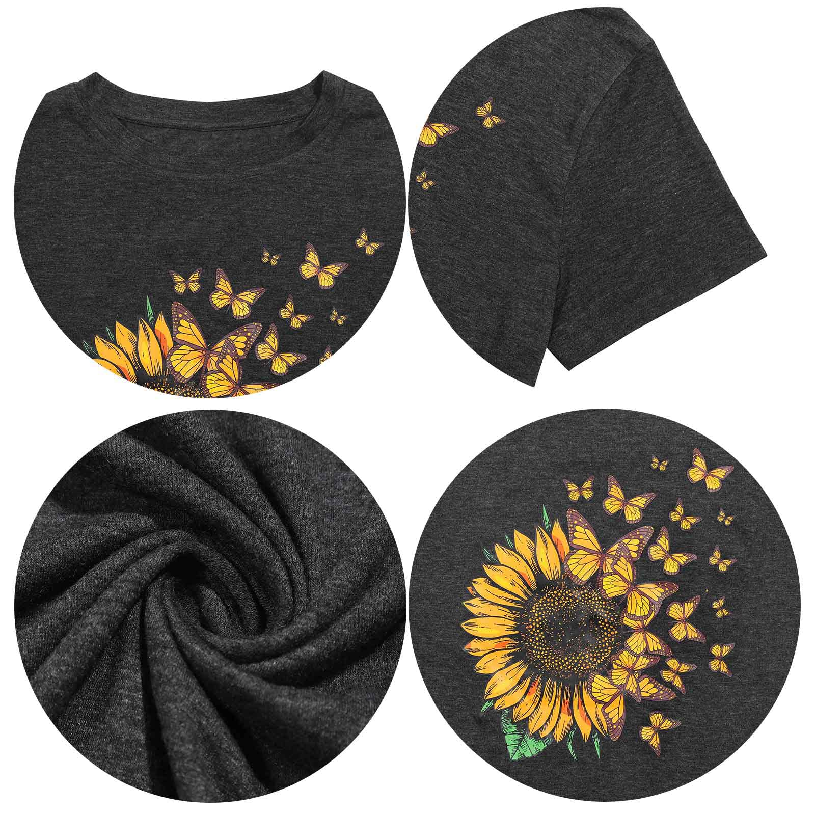 Women's Sunflower Print T-Shirt with Cute Butterfly Design - Casual Short Sleeve Summer Top for Beach, Vacation & Everyday Wear