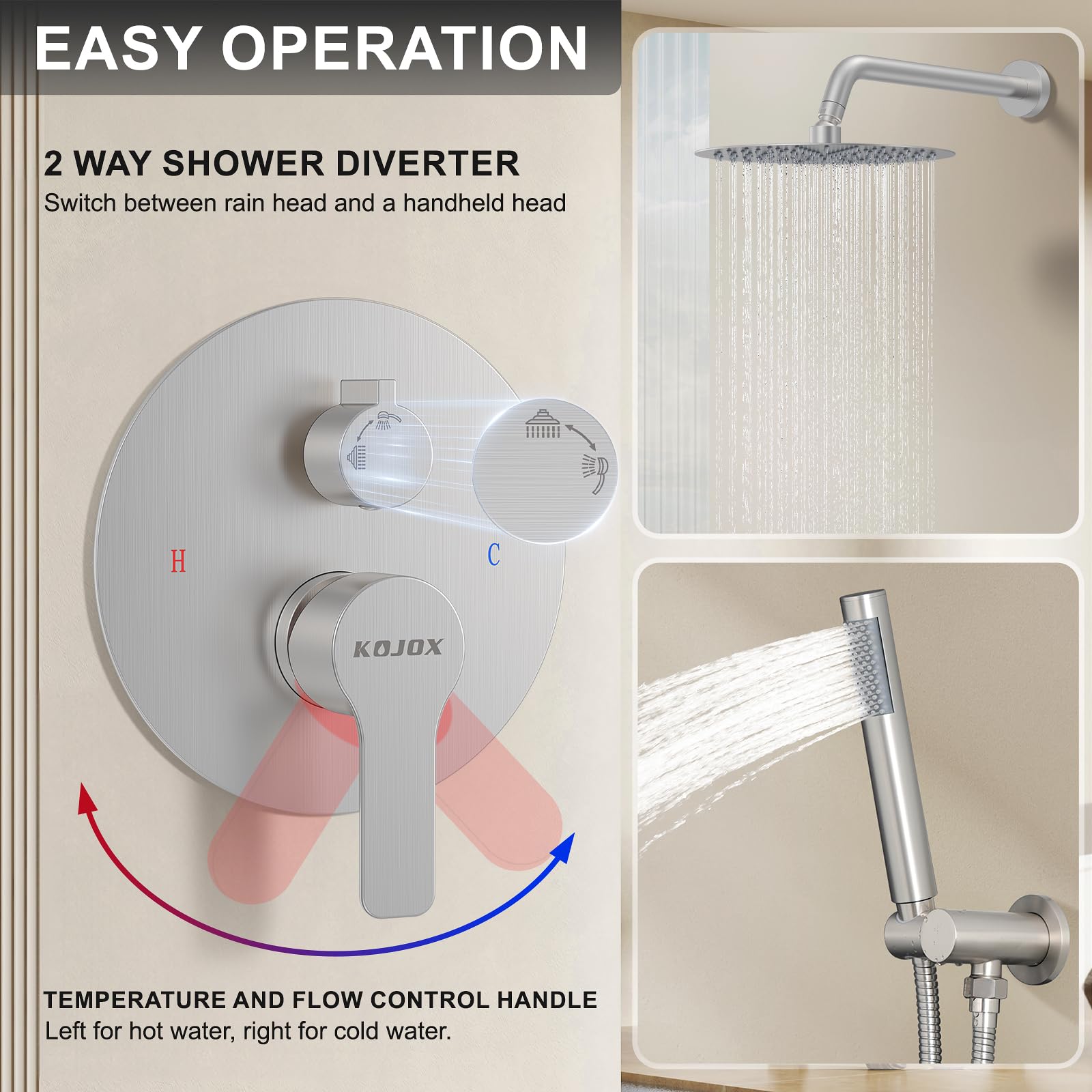 10 Inch Brushed Nickel Shower System - High Pressure Rain Shower Head & Handheld Shower Combo with Wall Mount Faucet, Mixer Valve & Trim Kit for Luxurious Bathroom Upgrade | Perfect for Modern Homes, Spa-Like Experience & Water Conservation