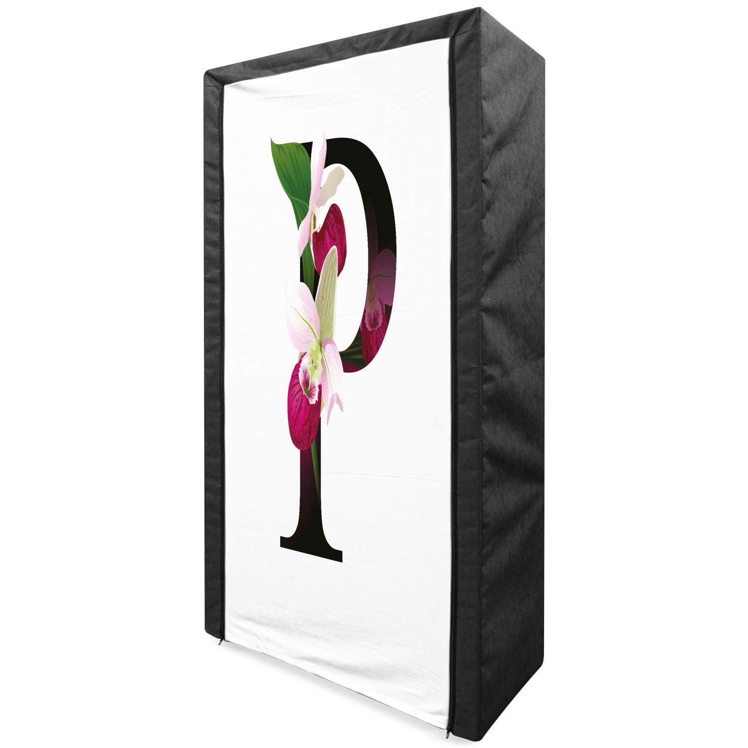 Ambesonne Letter P Portable Fabric Wardrobe - Floral ABC Print Clothing Organizer with Shelves, 33.5 Inch - Magenta Black Green for Bedroom, Closet & Dorm Storage