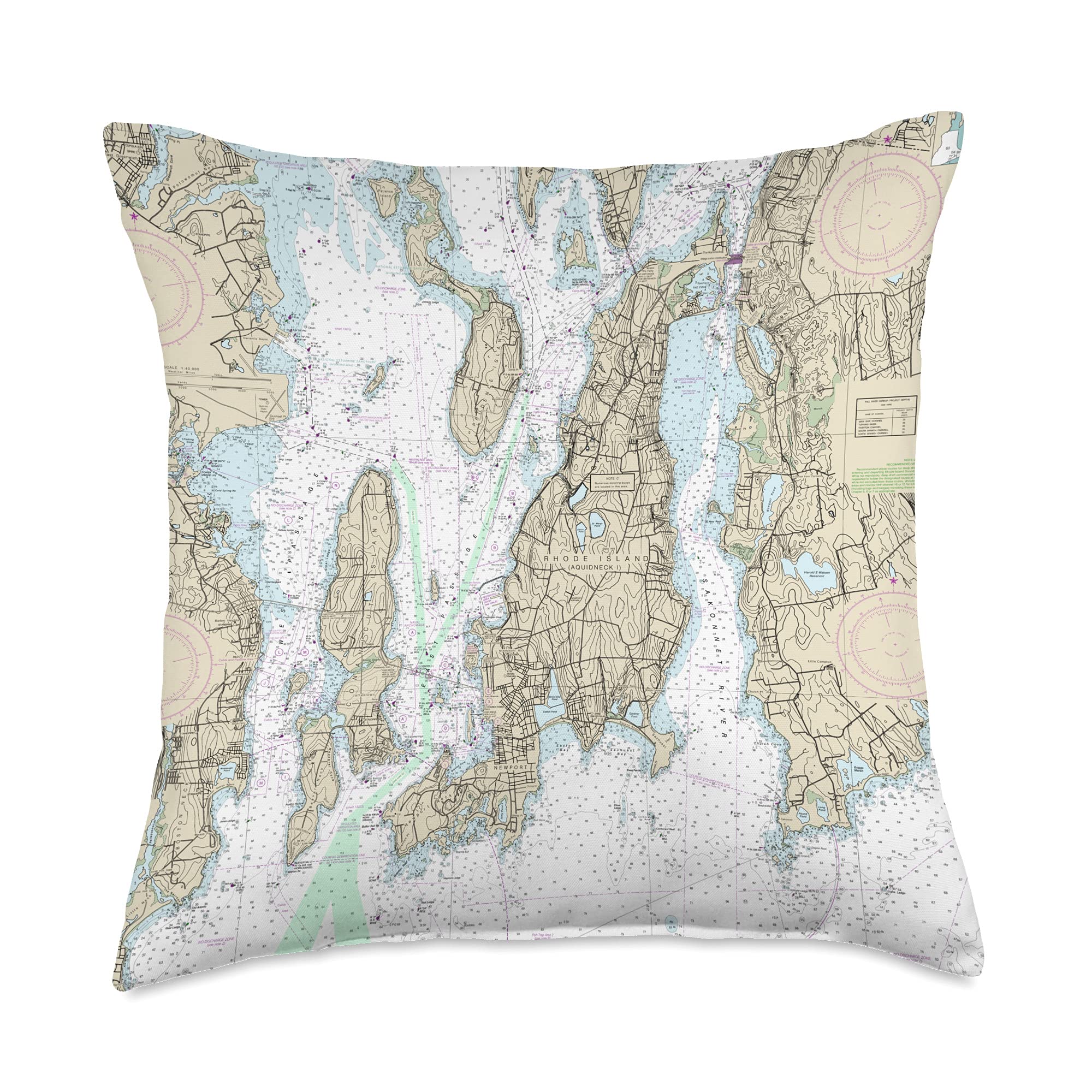 Nautical Chart Newport & Rhode Island Throw Pillow - Coastal Decor for Living Room, Bedroom, or Boat - Perfect Beach House Gift