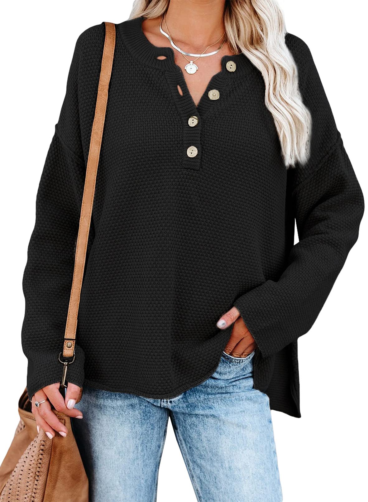 SHEWIN Women's Waffle Knit V-Neck Sweater - Long Sleeve Casual Button Henley Pullover Top with Side Slit | Perfect for Fall Layering, Office Wear & Weekend Outfits