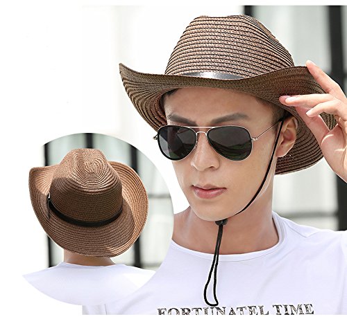 iHomey Packable Cowboy Sun Hat for Men & Women - Breathable Straw Summer Hat with Wide Brim, UV Protection & Chin Strap - Perfect for Beach, Outdoor, Travel & Gardening