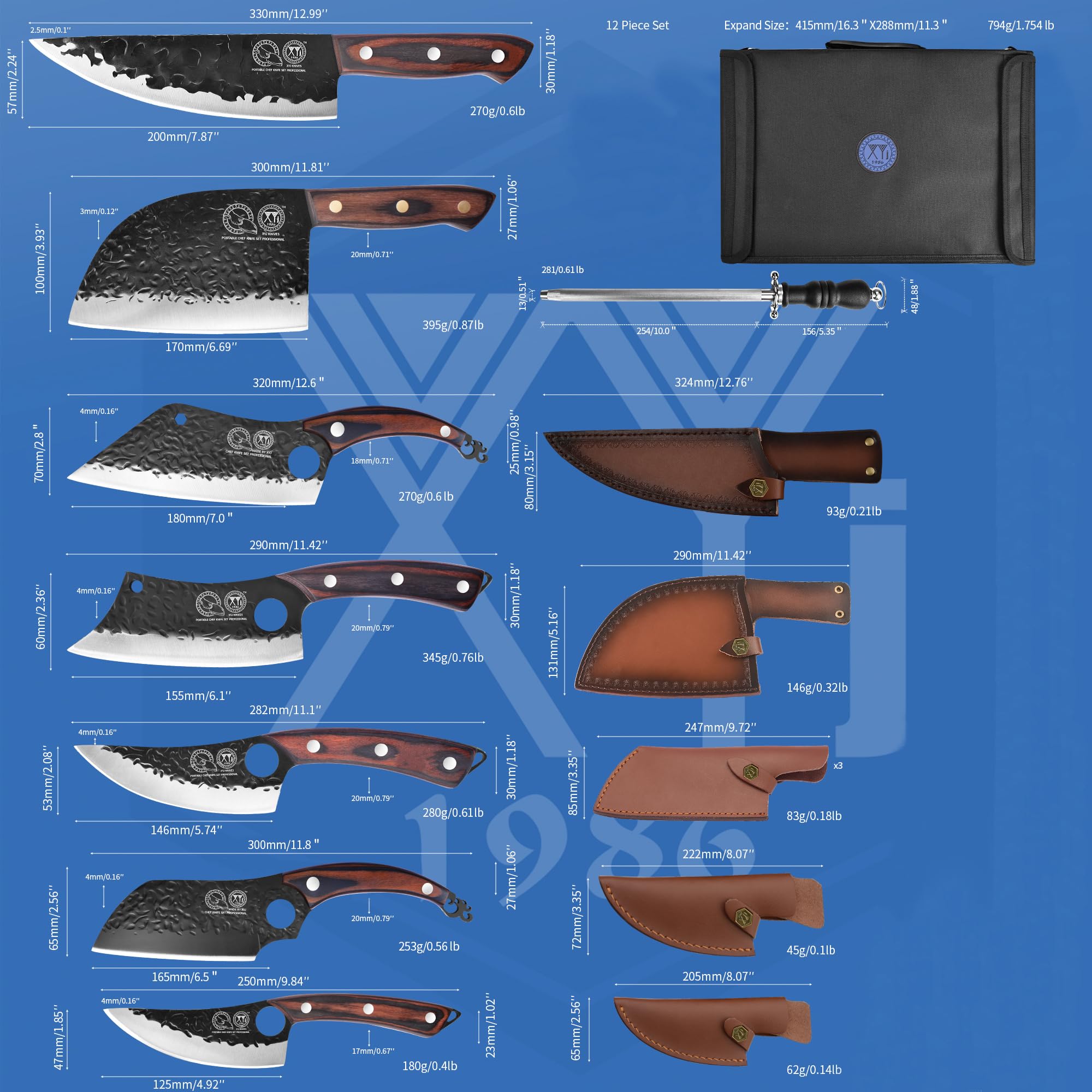 XYJ 7-Piece Premium Camping Knife Set with Roll Bag, Sheath & Sharpener - Full Tang Chef, Boning & Butcher Knives for Outdoor Cooking & Survival - Perfect for Camping, Hunting & BBQ Prep