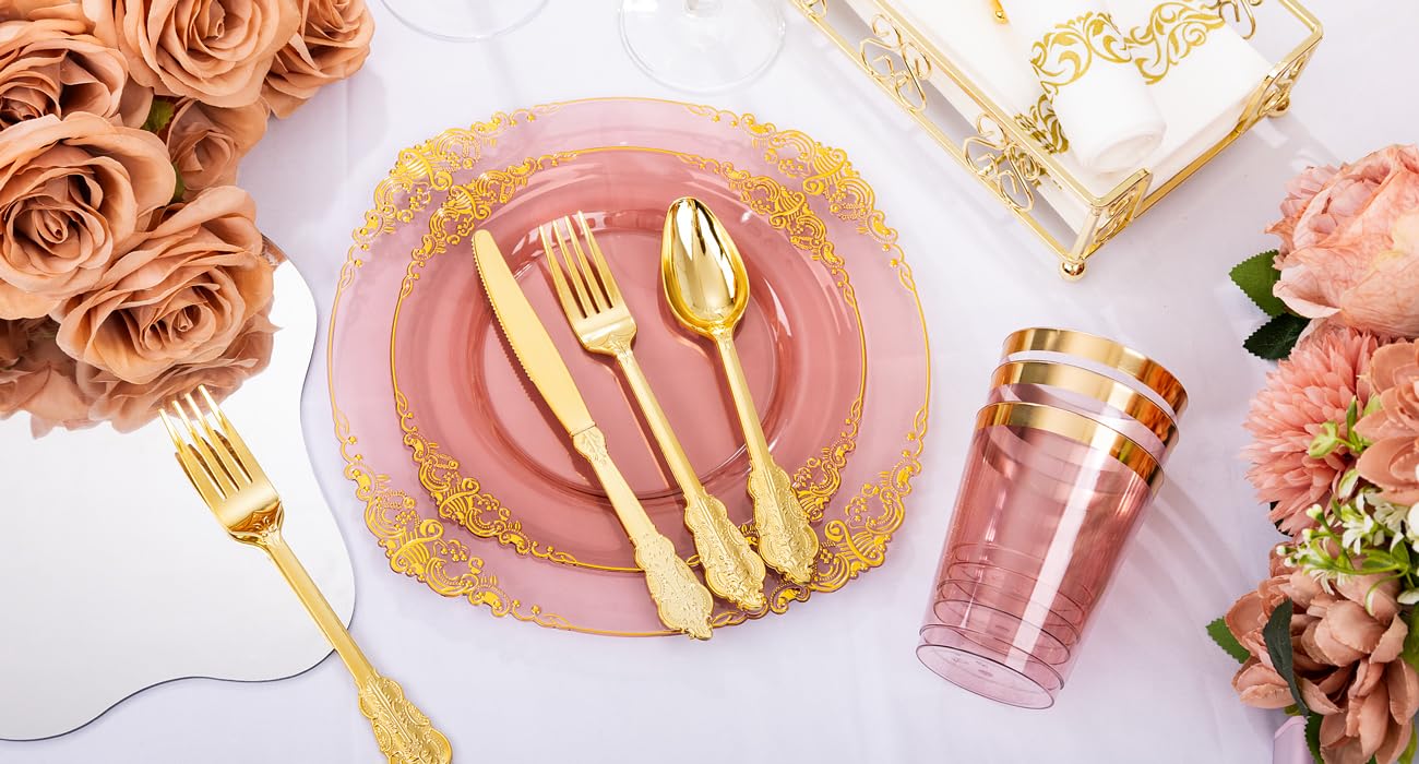 Hioasis 175-Piece Clear Burgundy Plastic Disposable Tableware Set - Includes 25 Dinner Plates, 25 Dessert Plates, 25 Knives, 25 Forks, 25 Spoons, 25 Cups & 25 Napkins - Perfect for Weddings, Parties, BBQs & Outdoor Events