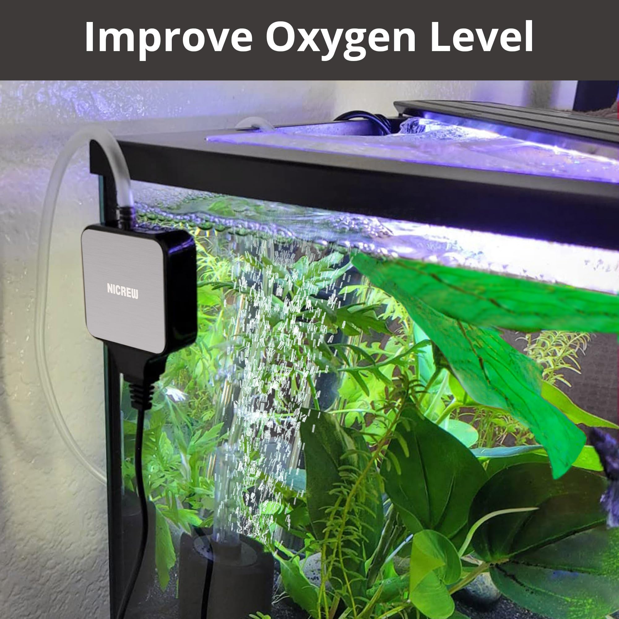 NICREW Nano Silent Aquarium Air Pump for 1-10 Gallon Fish Tanks - Ultra Quiet 0.3L/min Oxygen Aerator with Accessories (1.5W, Black) - Perfect for Small Home Aquariums, Betta Fish Bowls & Desktop Fish Tanks