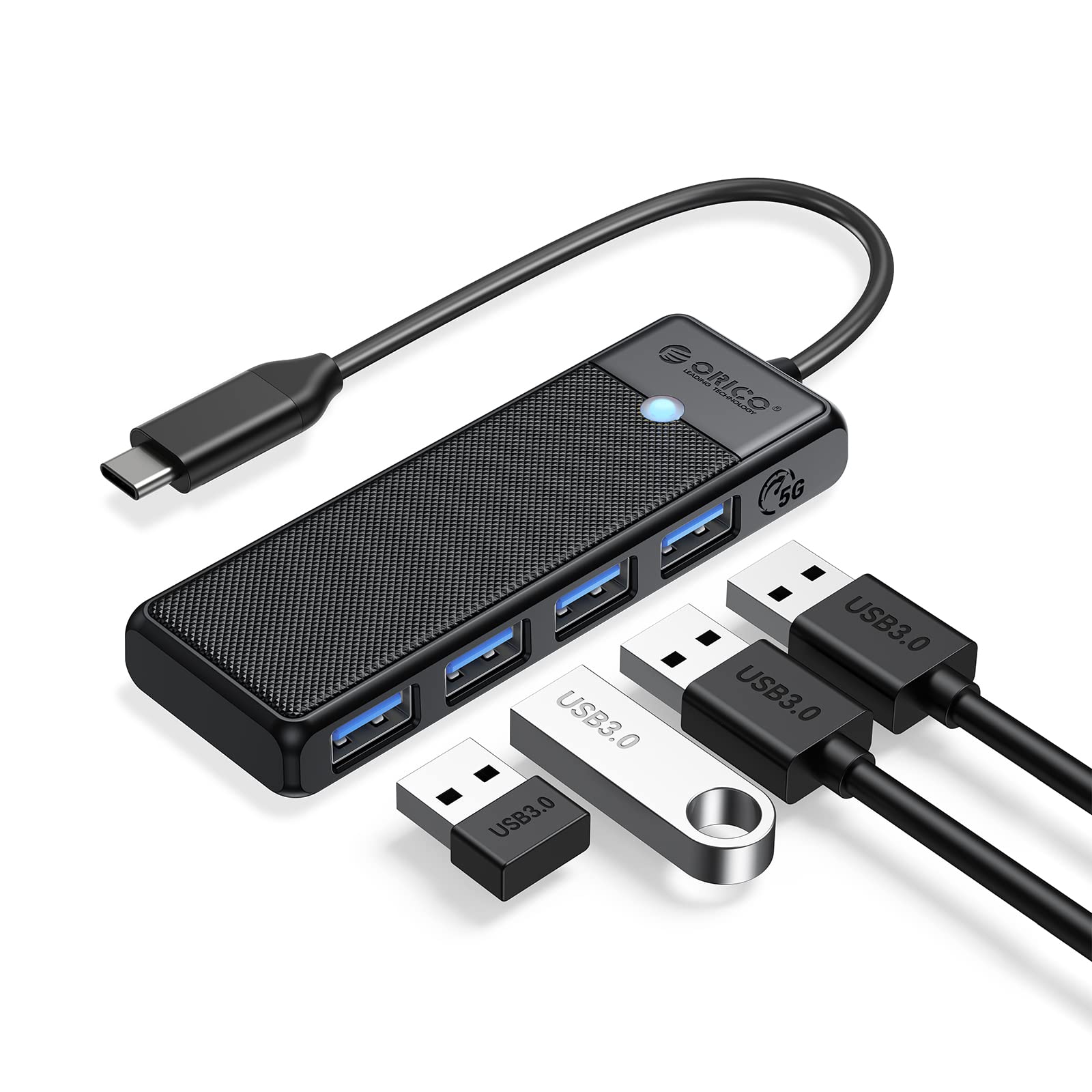 ORICO 4-Port USB C Hub - USB C to USB 3.0 Multiport Adapter for MacBook, iPad Pro, Surface, XPS, Chromebook & Type-C Devices - Compact 0.5ft Cable (Black) - Perfect for Home Office, Travel & Multi-Device Charging