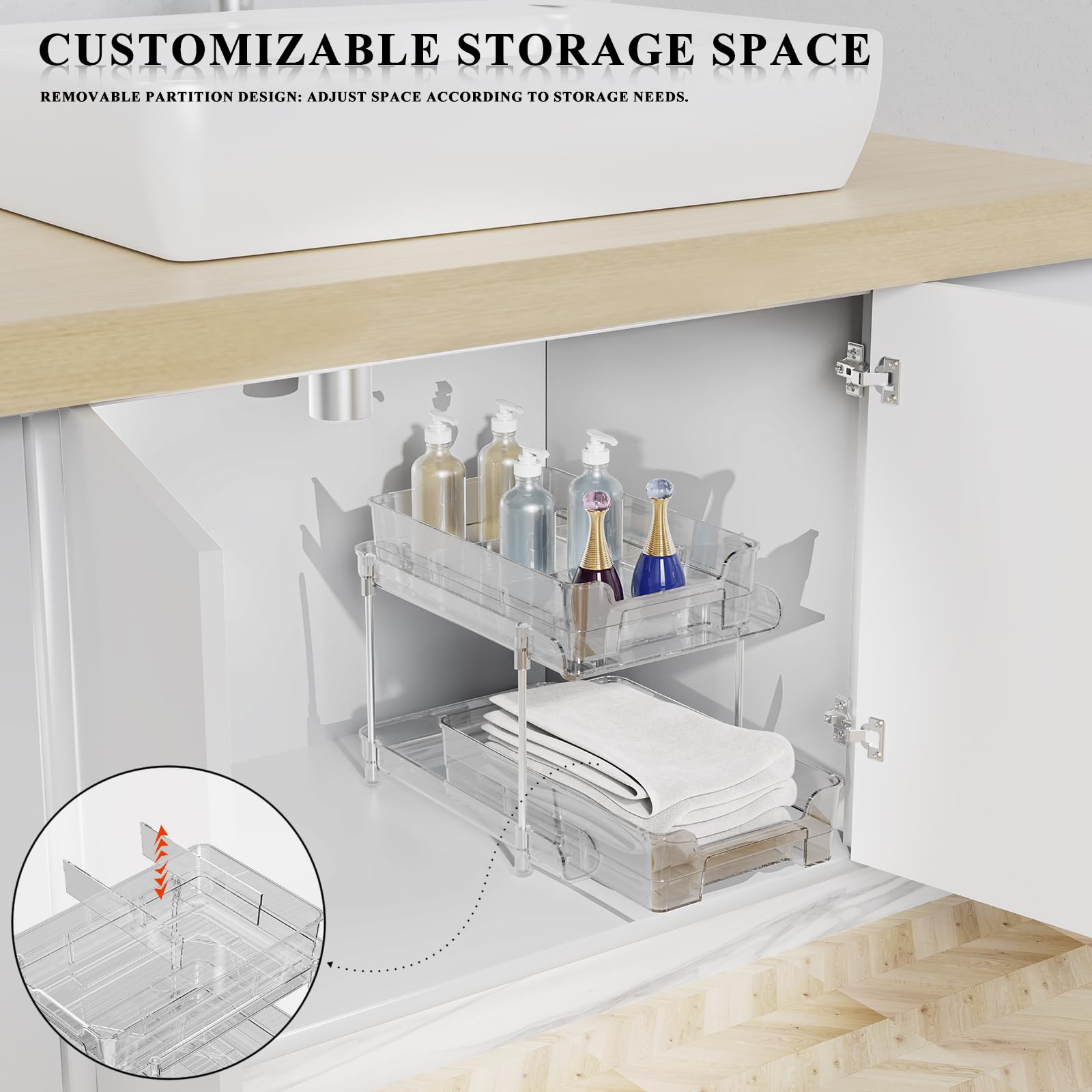 GUOMIS Under Sink Organizer - 2 Tier Sliding Shelf with Dividers for Kitchen & Bathroom Storage | Space-Saving Cabinet Organizer for Cleaning Supplies, Sponges & Toiletries