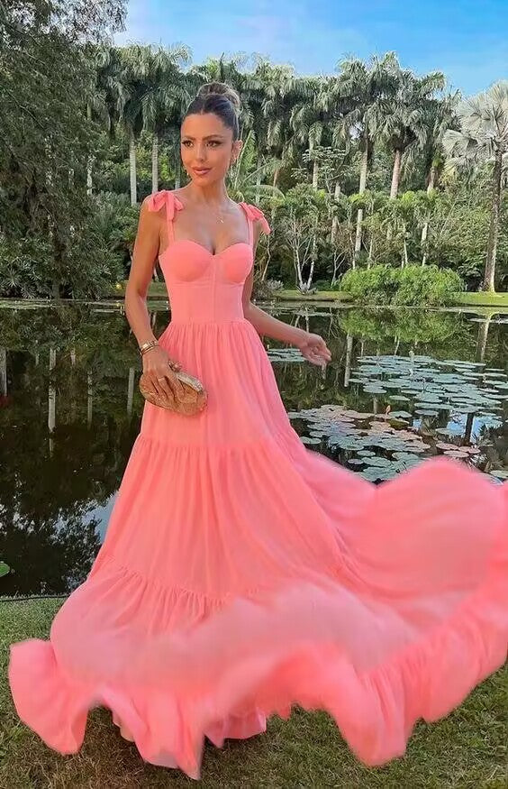 Elegant A-Line Peach Chiffon Long Prom Dress J2942 - Perfect for Homecoming, Formal Dances & Special Occasions
