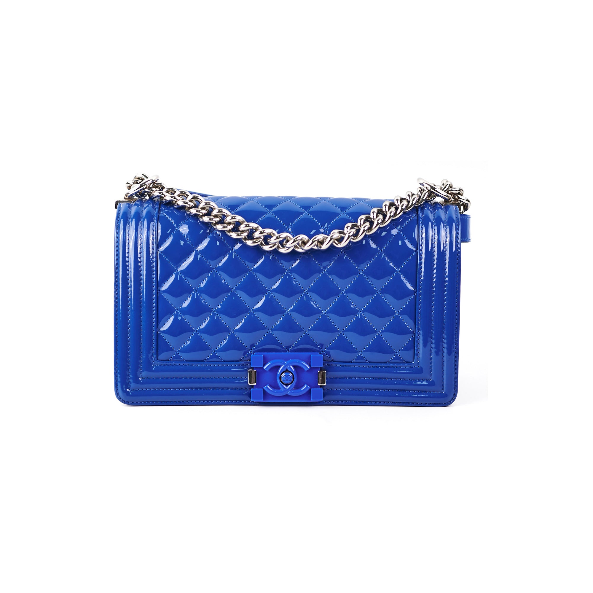 Chanel Old Medium Patent Blue Boy Bag - Luxury Designer Handbag for Women | Perfect for Parties, Dates & Special Occasions