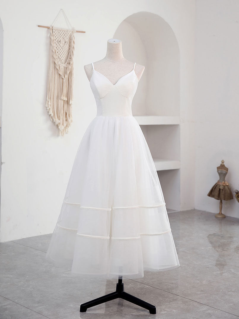 Elegant V-Neck Tulle Tea-Length White Prom Dress & Bridesmaid Gown - Perfect for Formal Dances, Weddings & Special Occasions