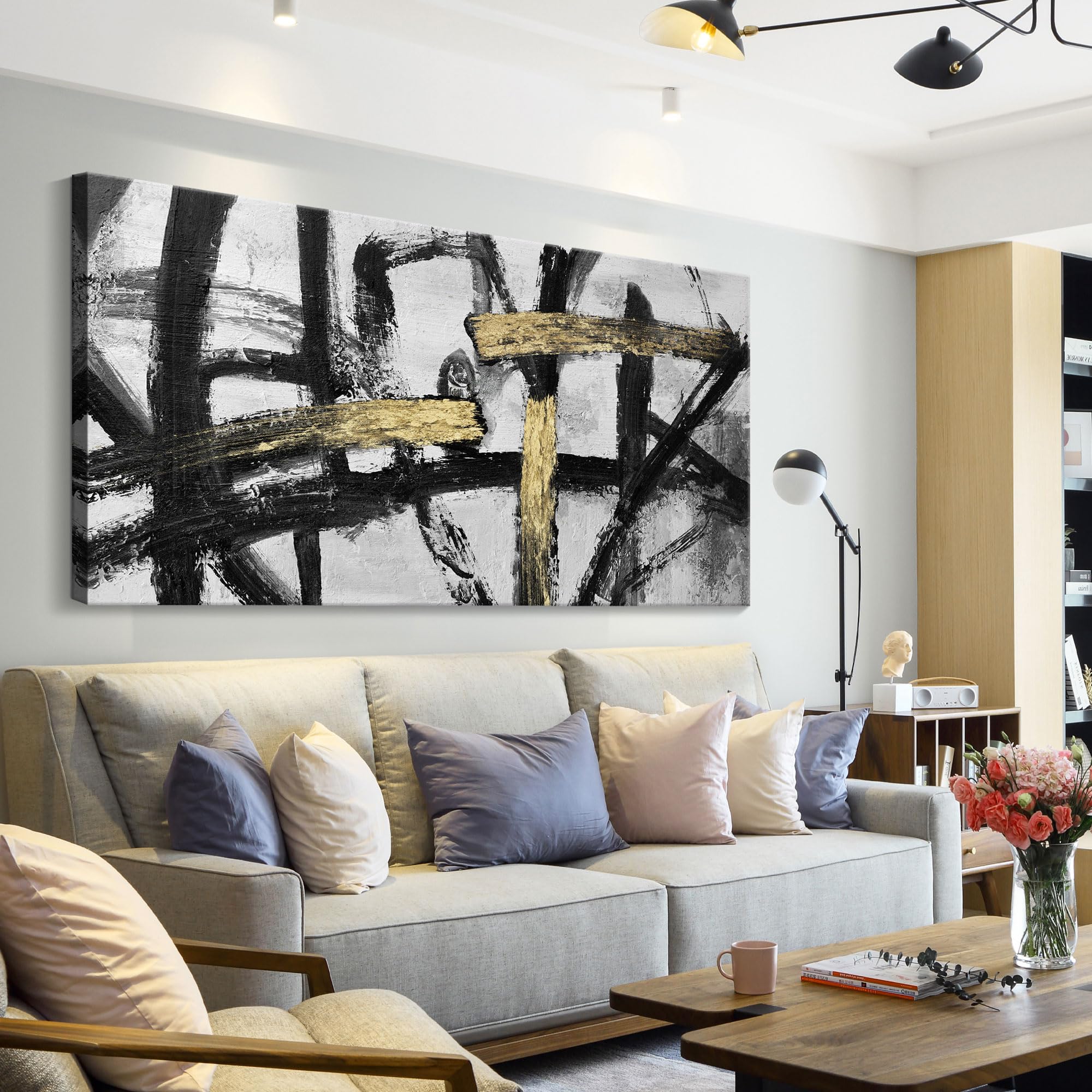 Abstract Wall Art Painting - Large Black White Gold Ink Dancing Canvas Print for Living Room, Bedroom, Dining Room & Office Decor (29x58 inches) - Modern Home Decor for Stylish Interiors & Gift Ideas