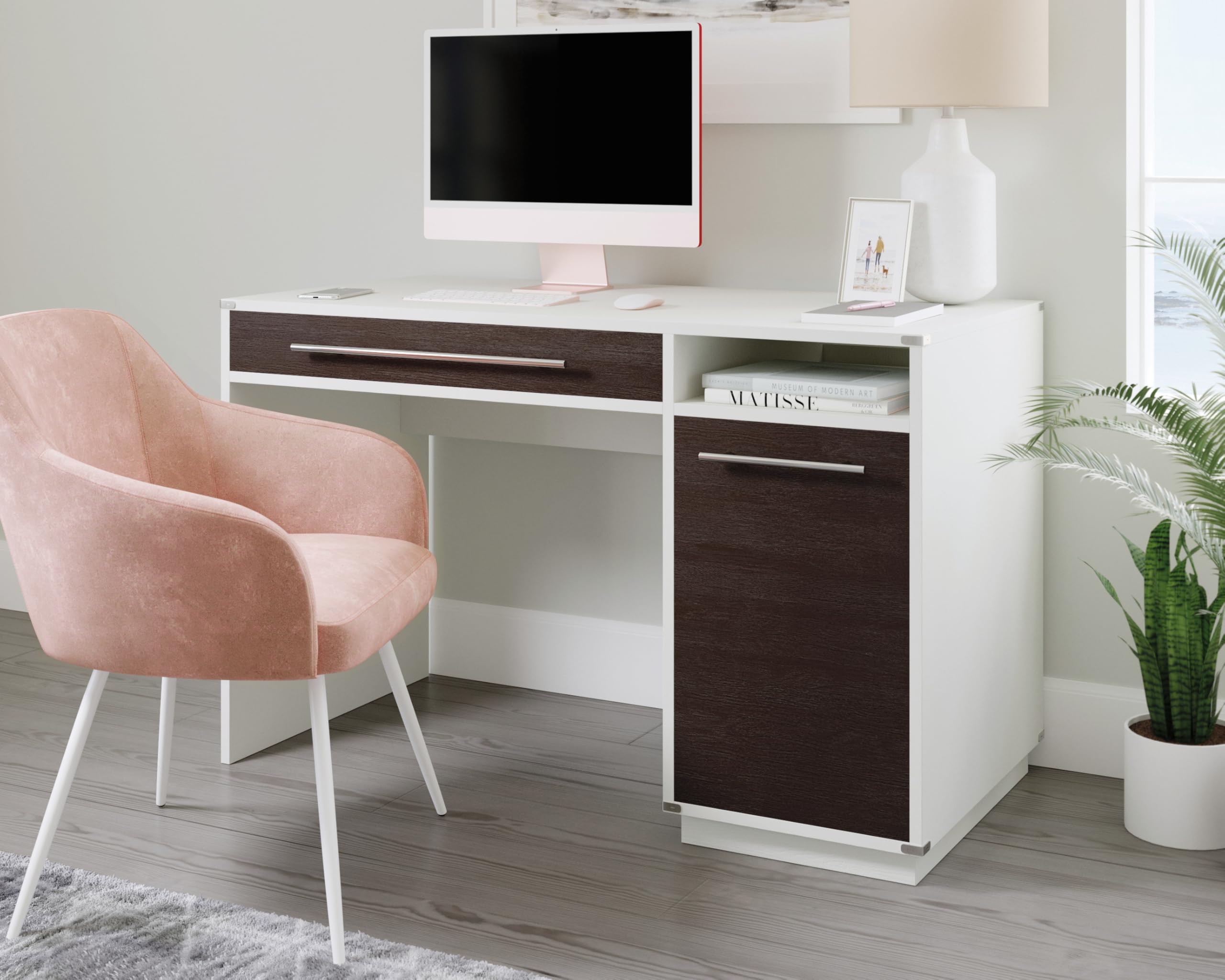 Sauder Vista Key Single Pedestal Computer Desk with Storage | Misted Elm Finish | Home Office Desk for Small Spaces, Work from Home & Study