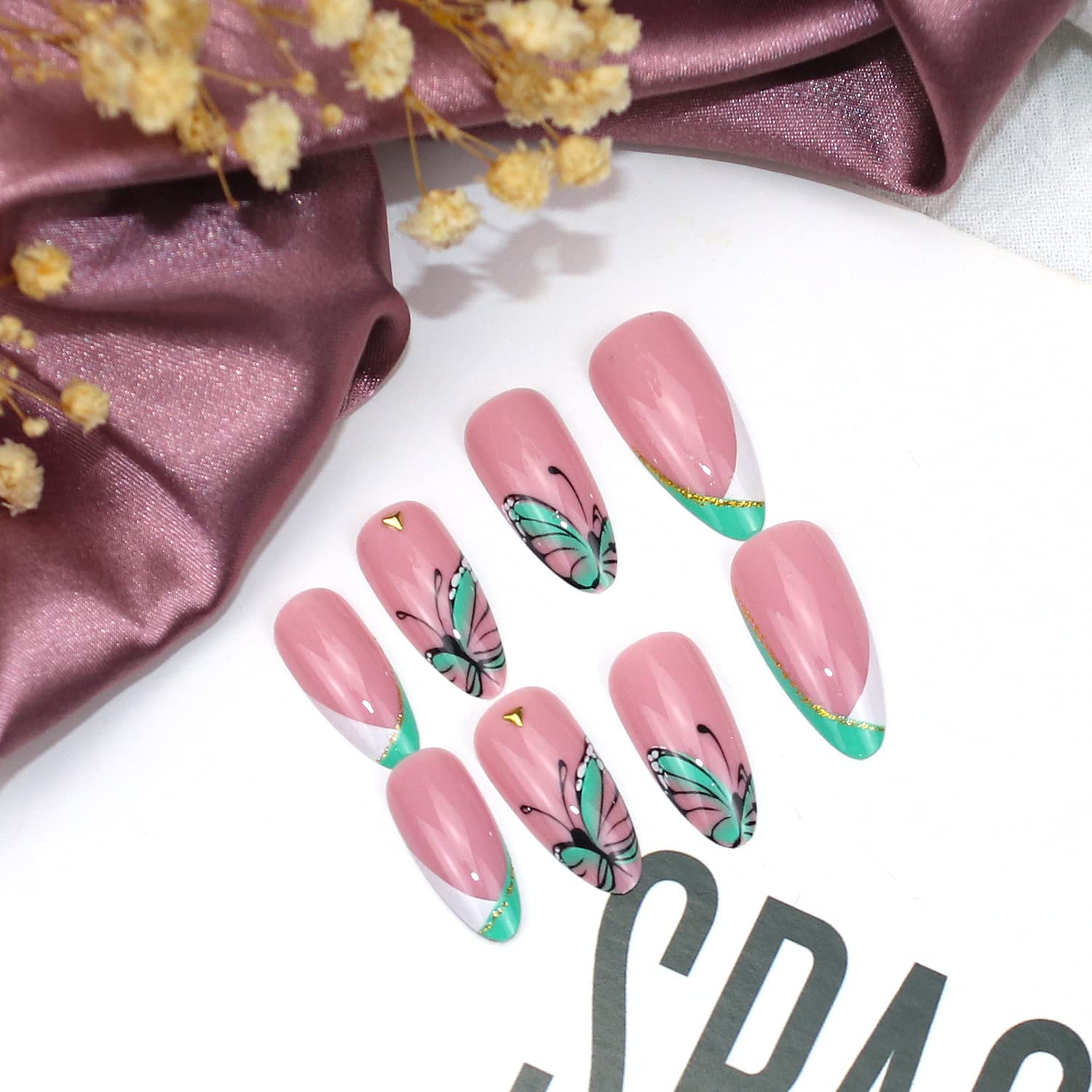 Butterfly Press on Nails - Almond Medium Length Fake Nails with French U-Shaped White Green Acrylic Design & Rhinestones - 24Pcs Full Cover Glue on Nails for Women & Girls - Perfect for Parties, Weddings, and Special Occasions