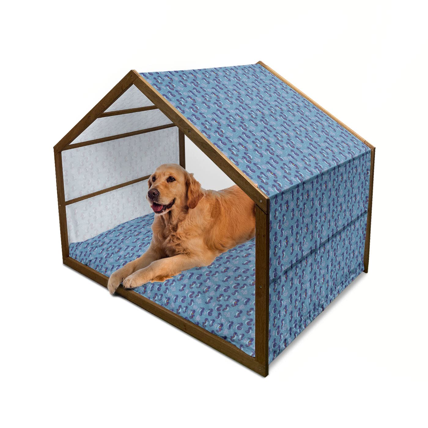 Ambesonne Seahorse Wooden Dog House - Fantasy Underwater Coral Pattern with Swimming Seahorses, Indoor & Outdoor Portable Pet Kennel with Pillow & Cover, X-Large Multicolor - Perfect for Beach Houses, Backyard Lounging & Coastal-Themed Decor
