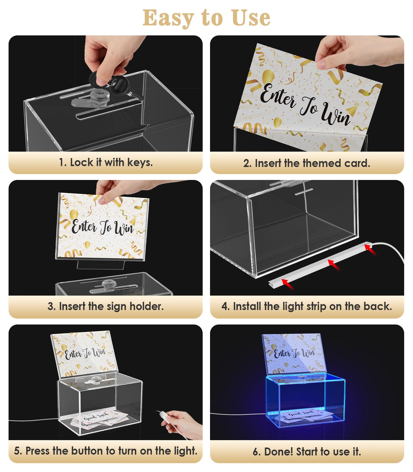 MoKo Lockable Raffle Box with Sign Holder & 100 Cards - Secure Ballot Box for Voting, Party Drawings & Fundraising Events - Includes Detachable Lighted Tip Jar for Bars, Restaurants & Charity Functions