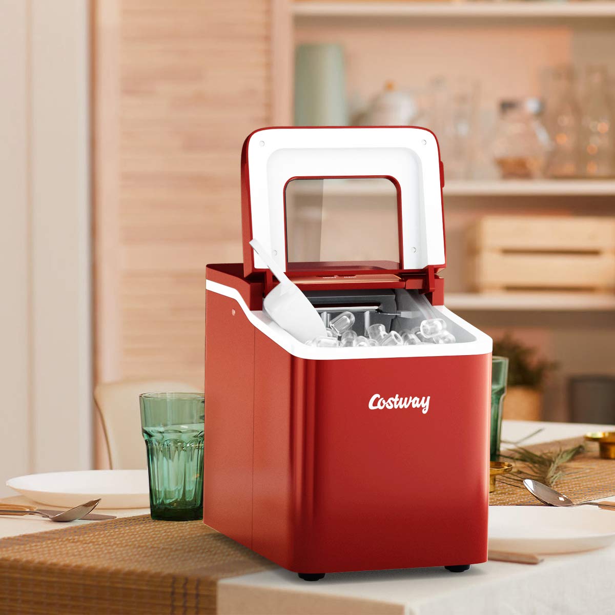 COSTWAY 26Lbs/24H Portable Countertop Ice Maker with Self-Cleaning Function - Makes Bullet Ice Cubes in 8 Minutes - Includes Scoop & Removable Basket - Perfect for Home, Parties, Bars, RV Trips & Outdoor Gatherings (Red)