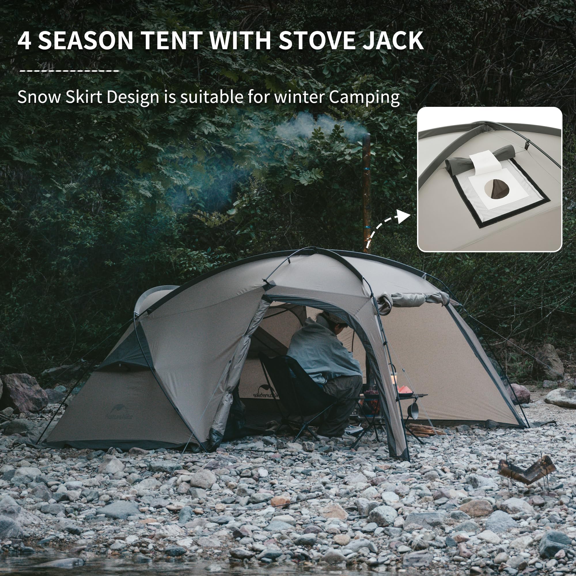 Naturehike Massif 4-Season Hot Tent with Stove Jack - Waterproof & Windproof Winter Camping Tent for 1/2/4 Persons - UPF50+ Sun Protection with Room & Hall Design - Perfect for Family Camping, Hunting Trips & Winter Outdoor Adventures