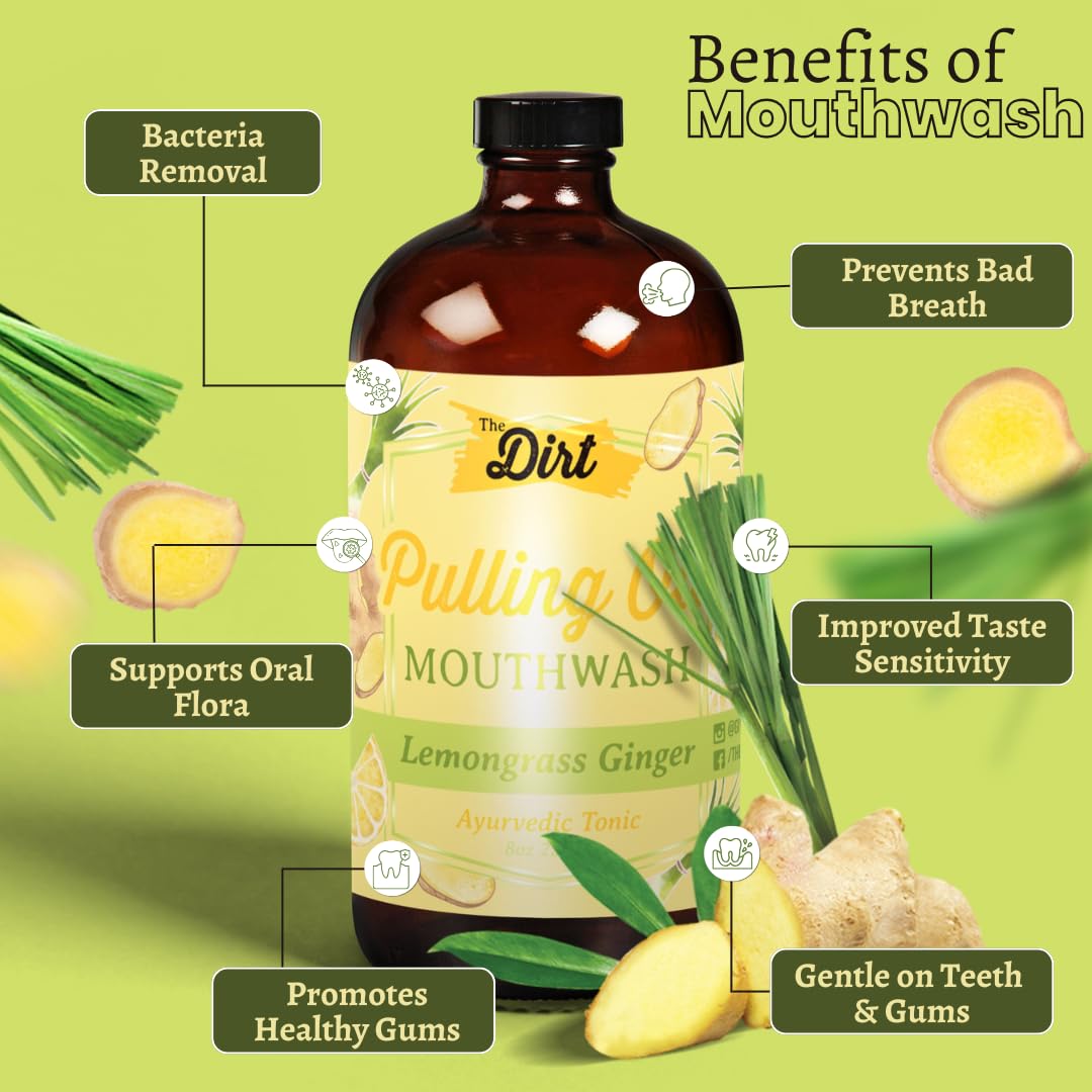 Organic Oil Pulling Mouthwash - Gluten Free, Vegan - Natural Plaque & Tartar Remover, Bad Breath Treatment & Teeth Whitening (Lemongrass & Ginger, 8oz) - Ayurvedic Oral Care for Fresh Breath & Healthy Gums