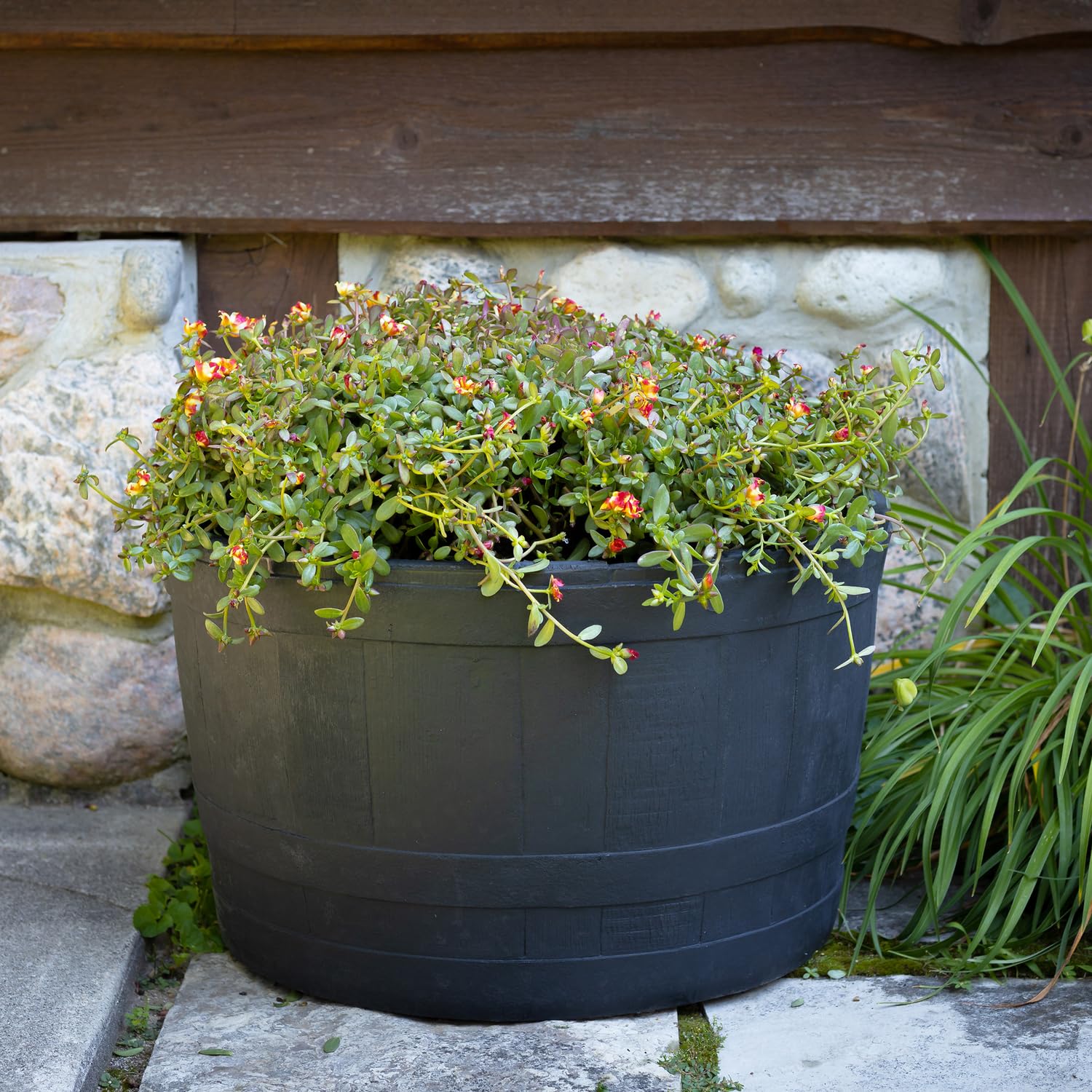 Premium Black Polyethylene Whiskey Barrel Planters (2-Pack) - Durable Indoor/Outdoor Garden Decor for Patio, Deck, or Home Gardening | Perfect for Flowers, Herbs & Succulents