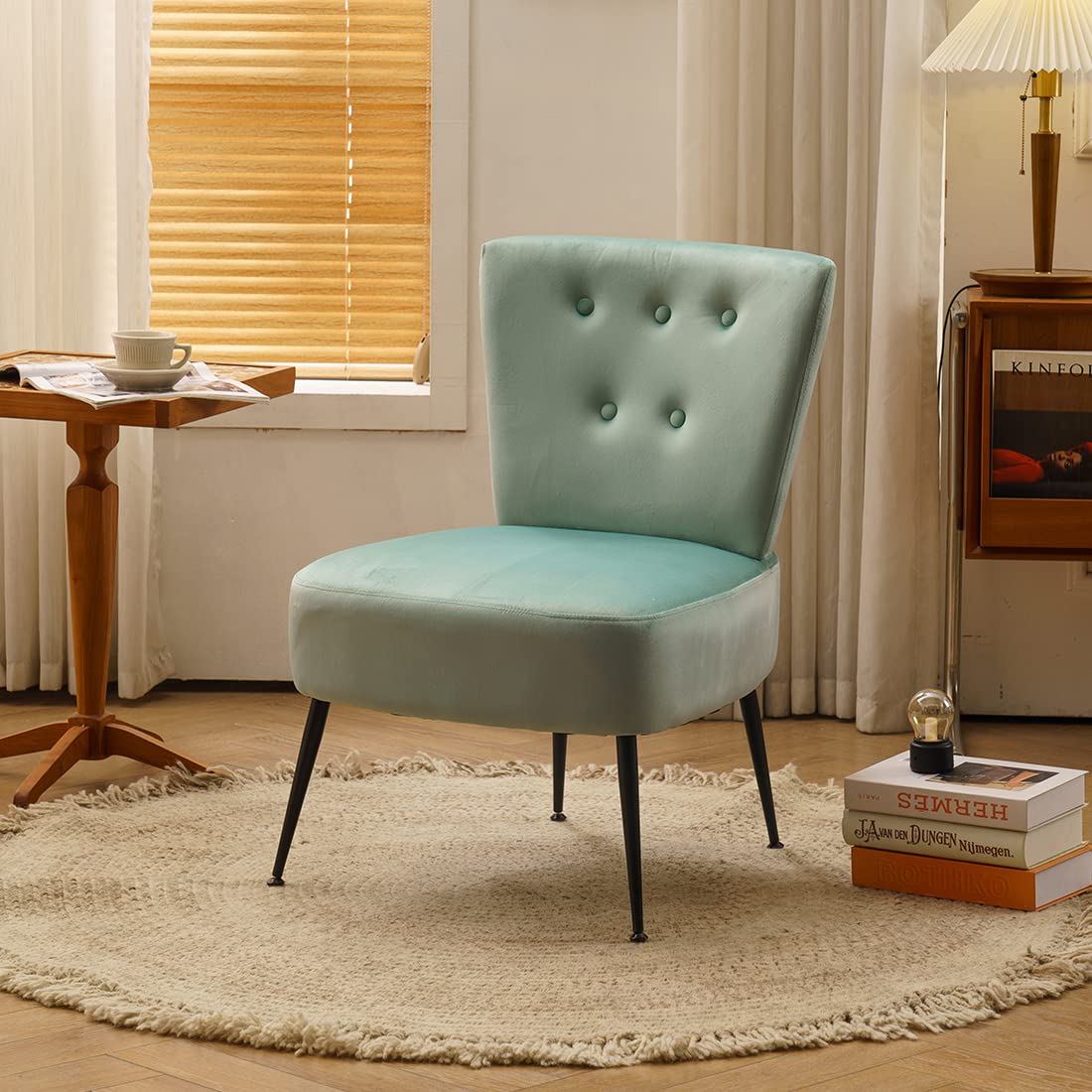 Modern Velvet Slipper Chair - Armless Accent Chair with Button-Tufted Design, Decorative Sitting Chair for Bedroom, Living Room & Vanity (Light Green) | Perfect for Reading Nooks, Dressing Areas & Cozy Corners