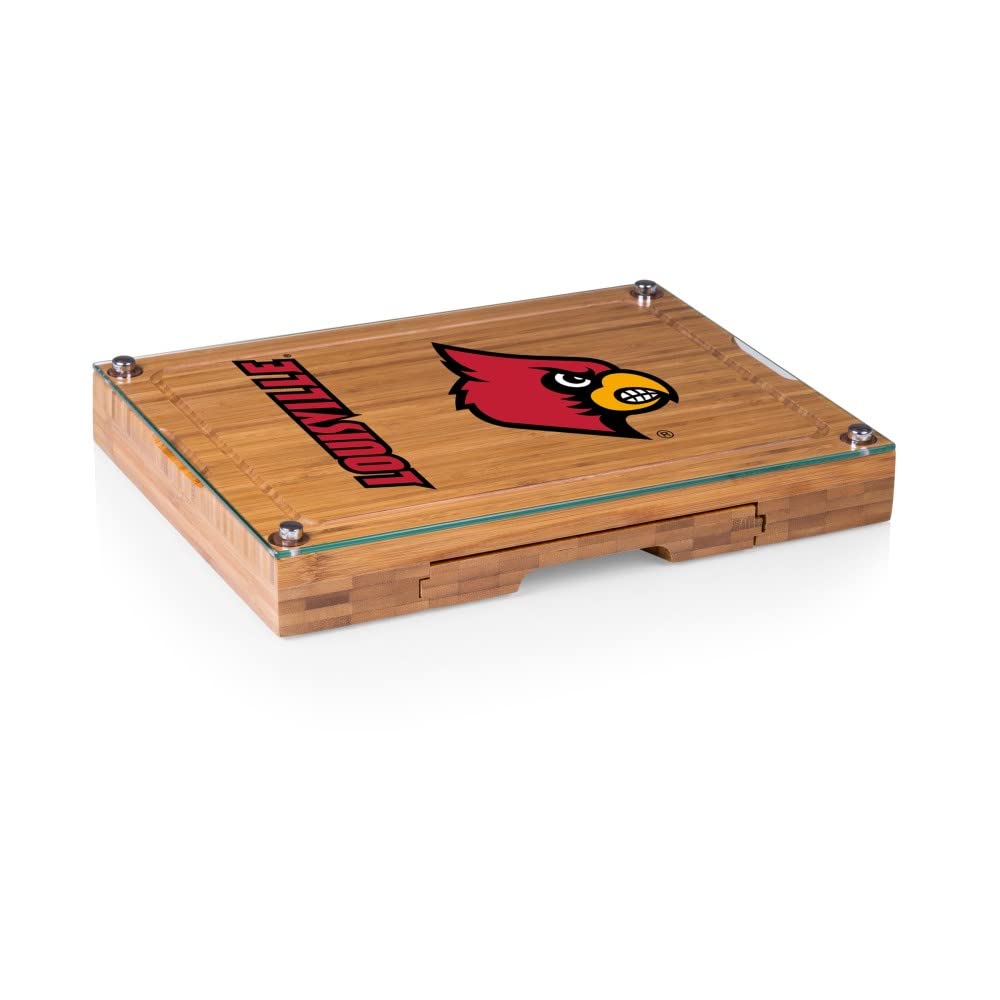 PICNIC TIME NCAA Concerto Glass Top Cheese Board and Knife Set - Bamboo Charcuterie Board with Glass Top Cutting Board for Entertaining, Wine Pairing & Party Serving