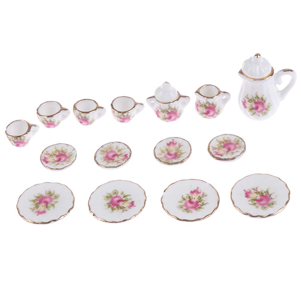 Eyomii 15-Piece Miniature Porcelain Dollhouse Tableware Set - Tiny Plates, Bowls & Tea Cups for Doll Kitchens - Perfect for Dollhouse Accessories, Miniature Displays & Collectors