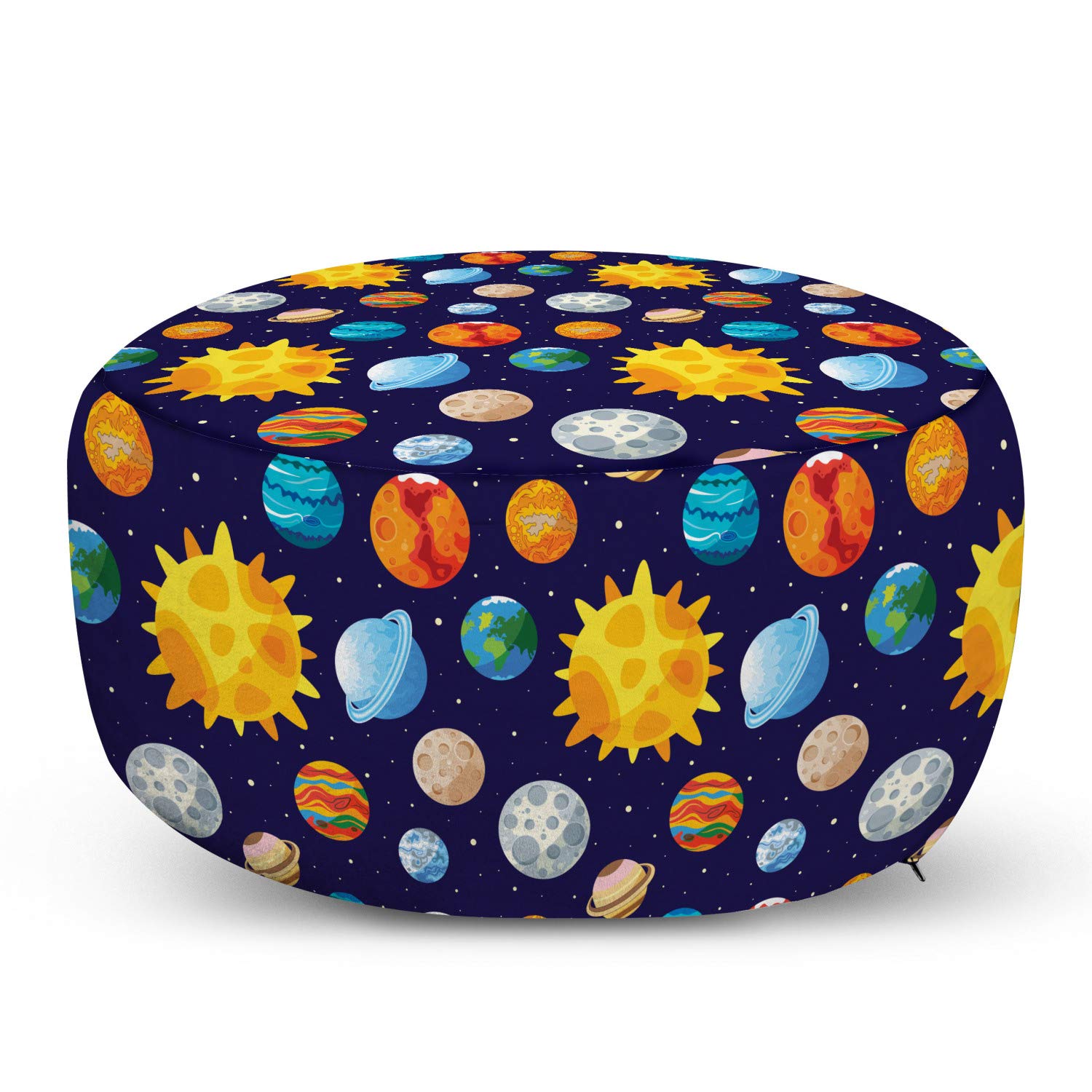 Ambesonne Outer Space Ottoman Pouf - Solar System Themed Foot Rest with Colorful Planets & Sun Design, Soft Decorative Pouf with Removable Cover for Living Room & Bedroom (Indigo/Multicolor) - Perfect for Home Decor, Lounge Seating & Kids Room Accessories